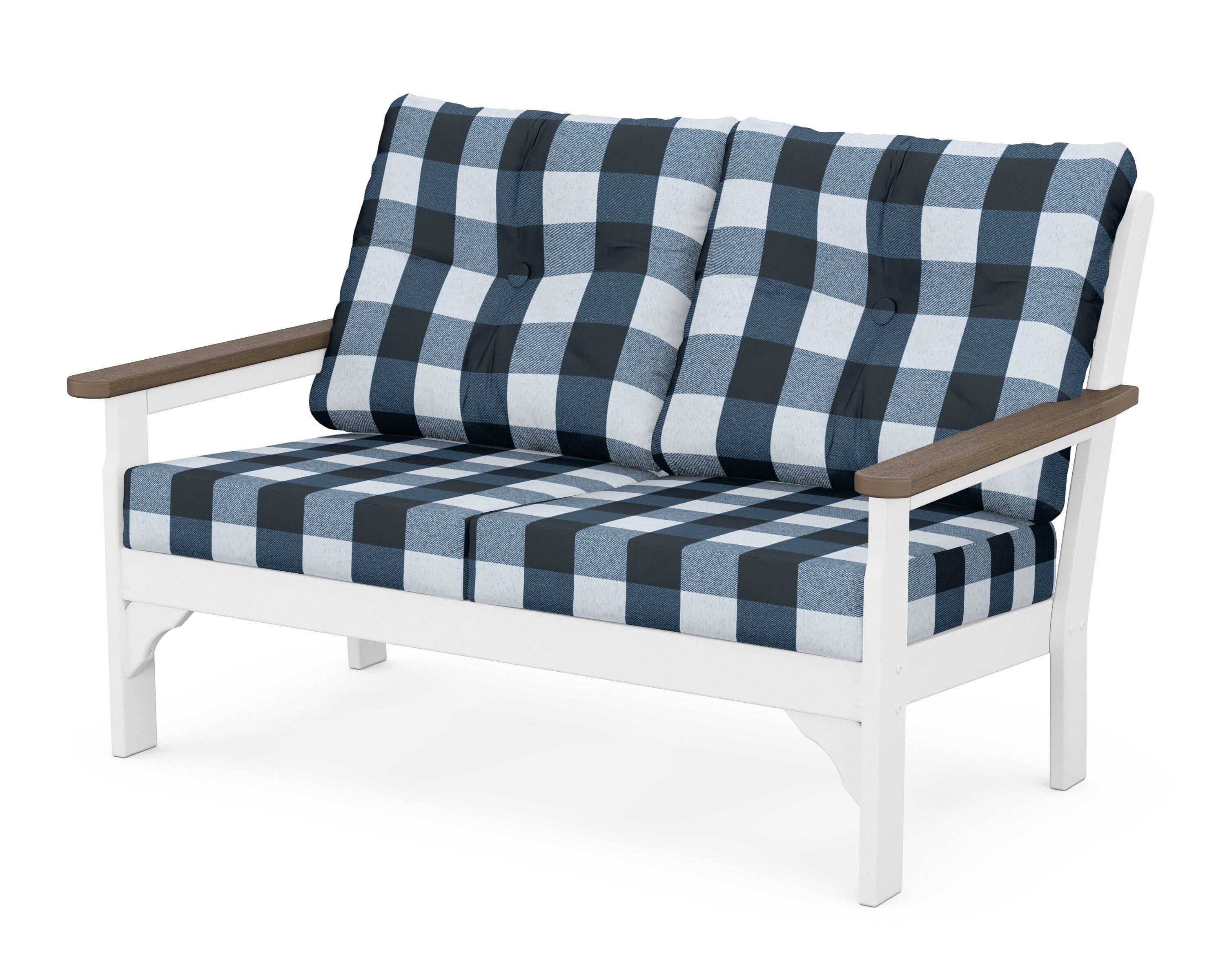 POLYWOOD® Vineyard Deep Seating Loveseat in White / Kona / Buffalo Plaid Marine Indigo