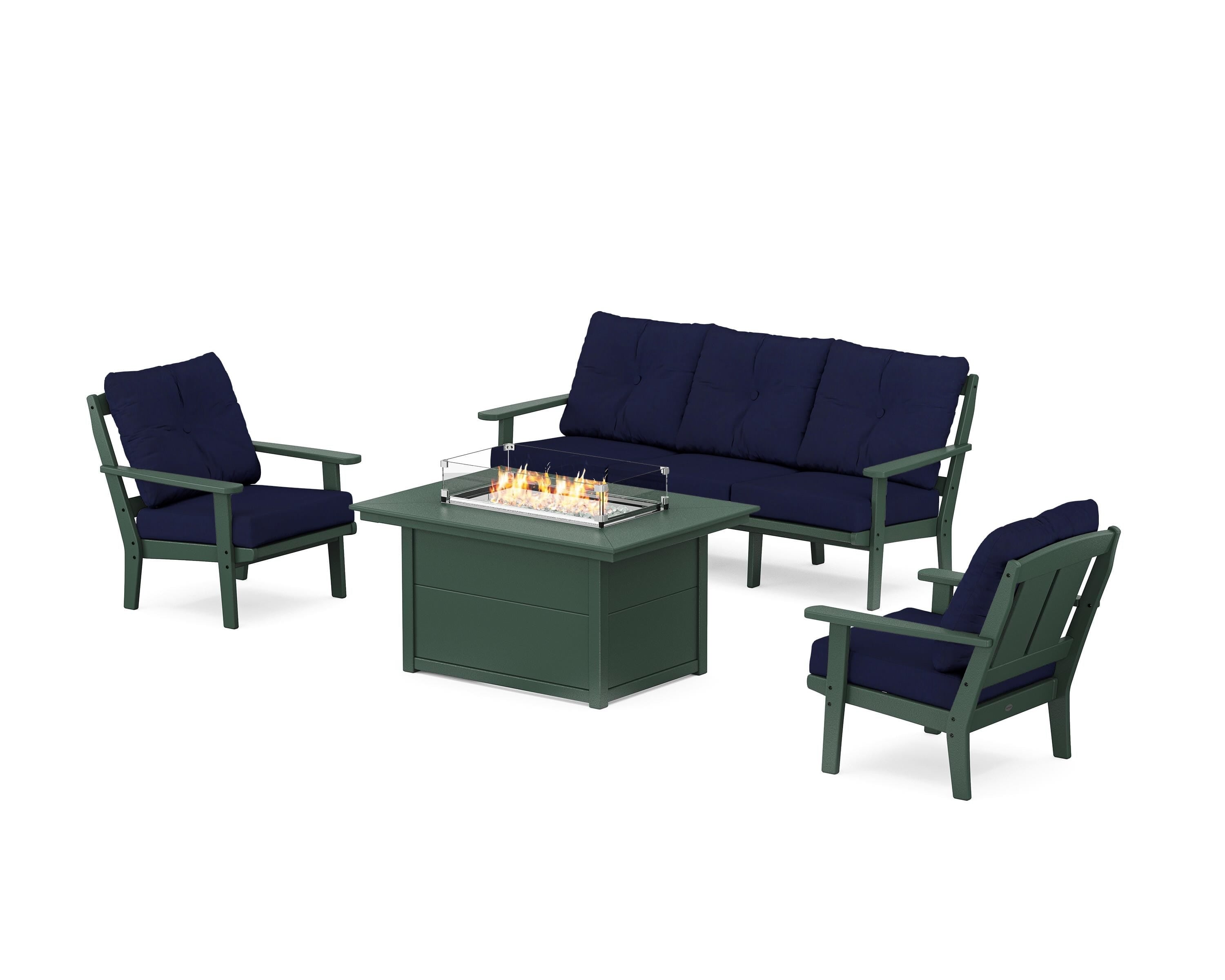 POLYWOOD® Mission Deep Seating Fire Pit Table Set in Green / Navy