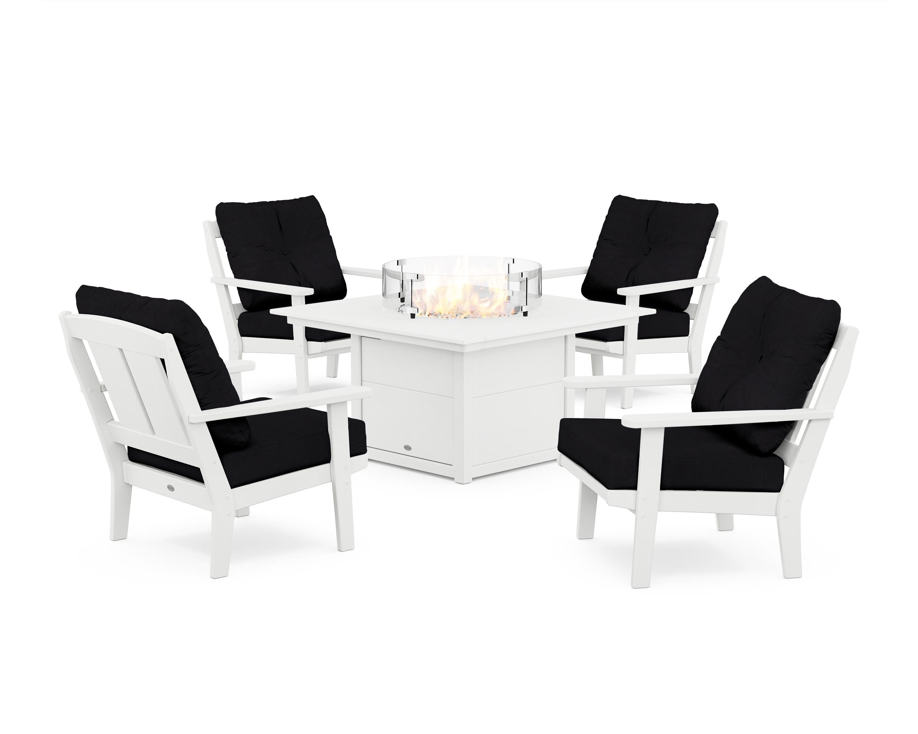 POLYWOOD® Mission 5-Piece Deep Seating Set with Fire Pit Table in White / Midnight Linen