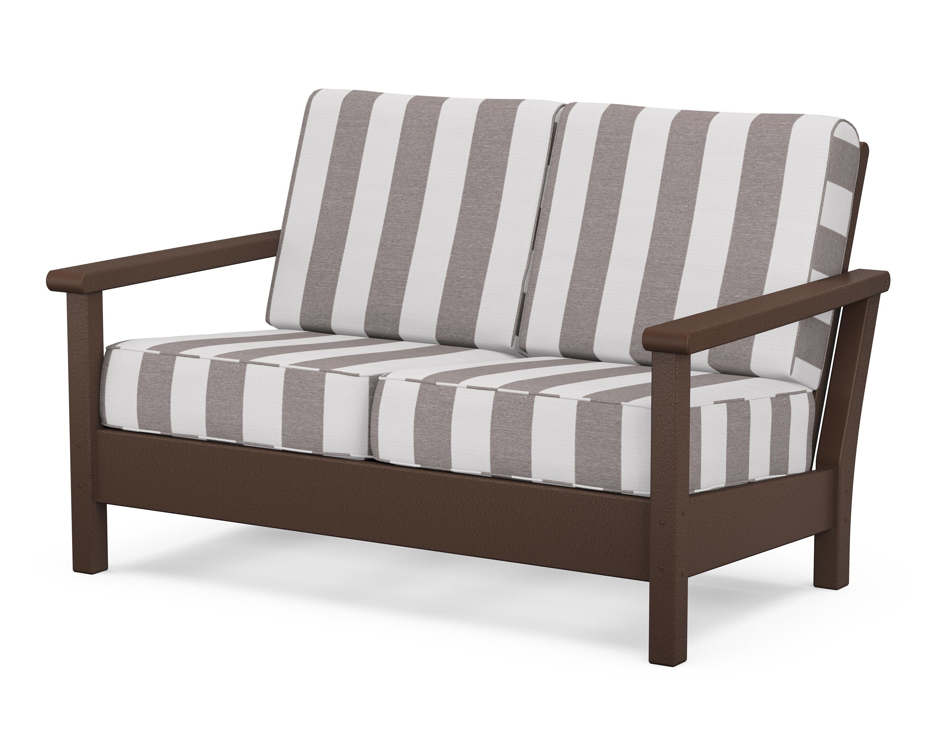 POLYWOOD® Harbour Deep Seating Loveseat in Mahogany / Cabana Stripe Grey Mist