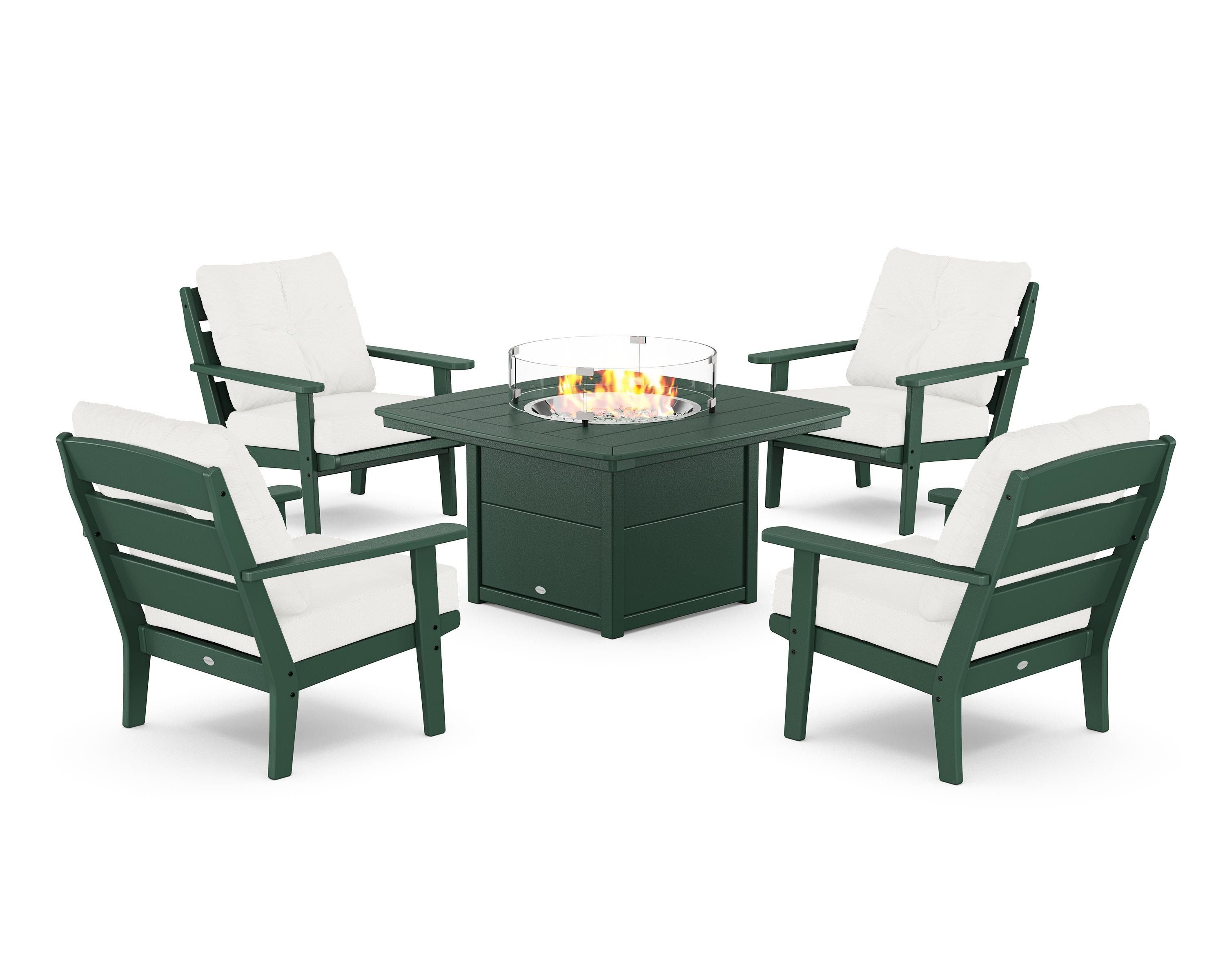 POLYWOOD® Lakeside 5-Piece Deep Seating Set with Nautical Fire Pit Table in Green / Natural Linen