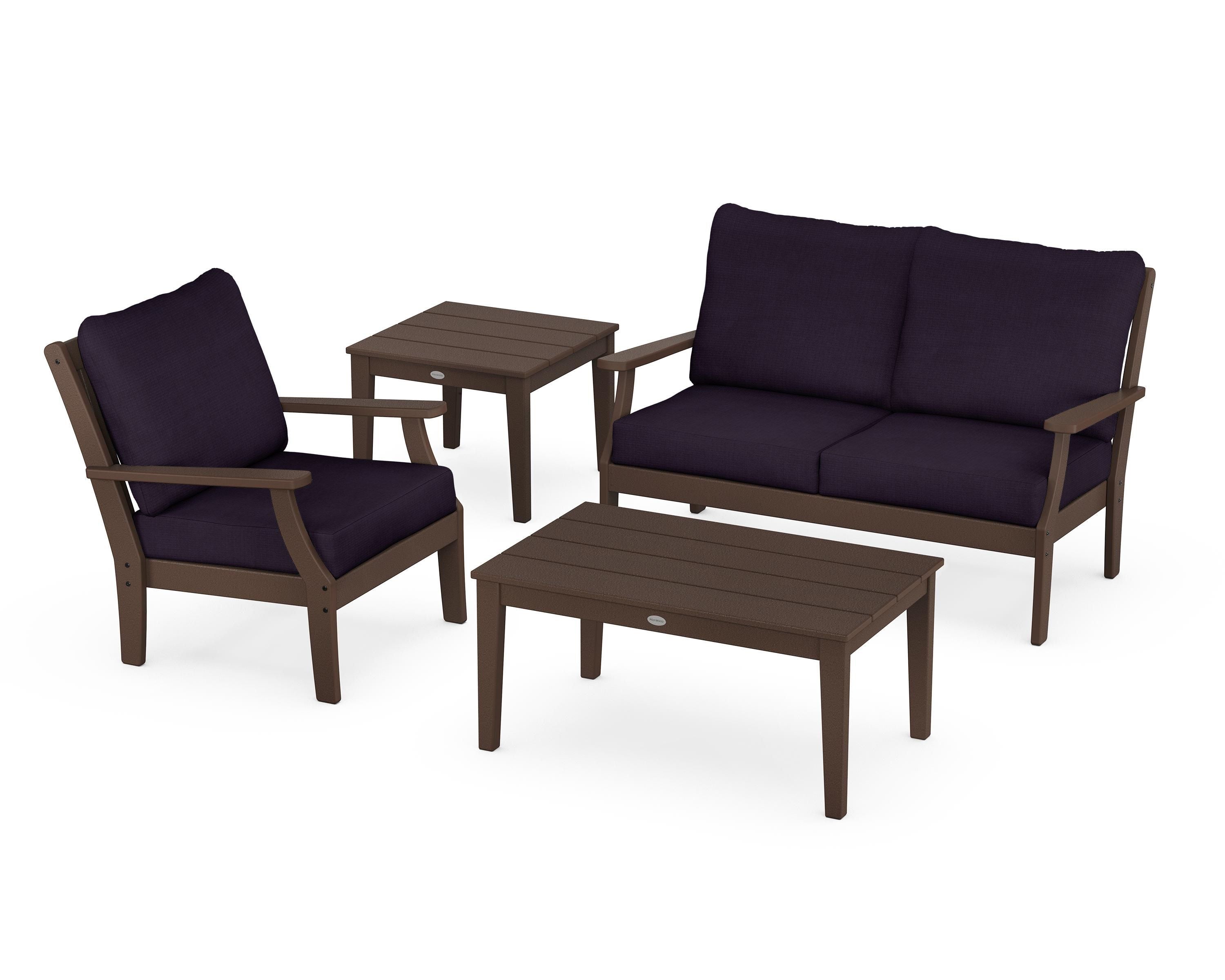 POLYWOOD® Braxton 4-Piece Deep Seating Set in Mahogany / Navy Linen