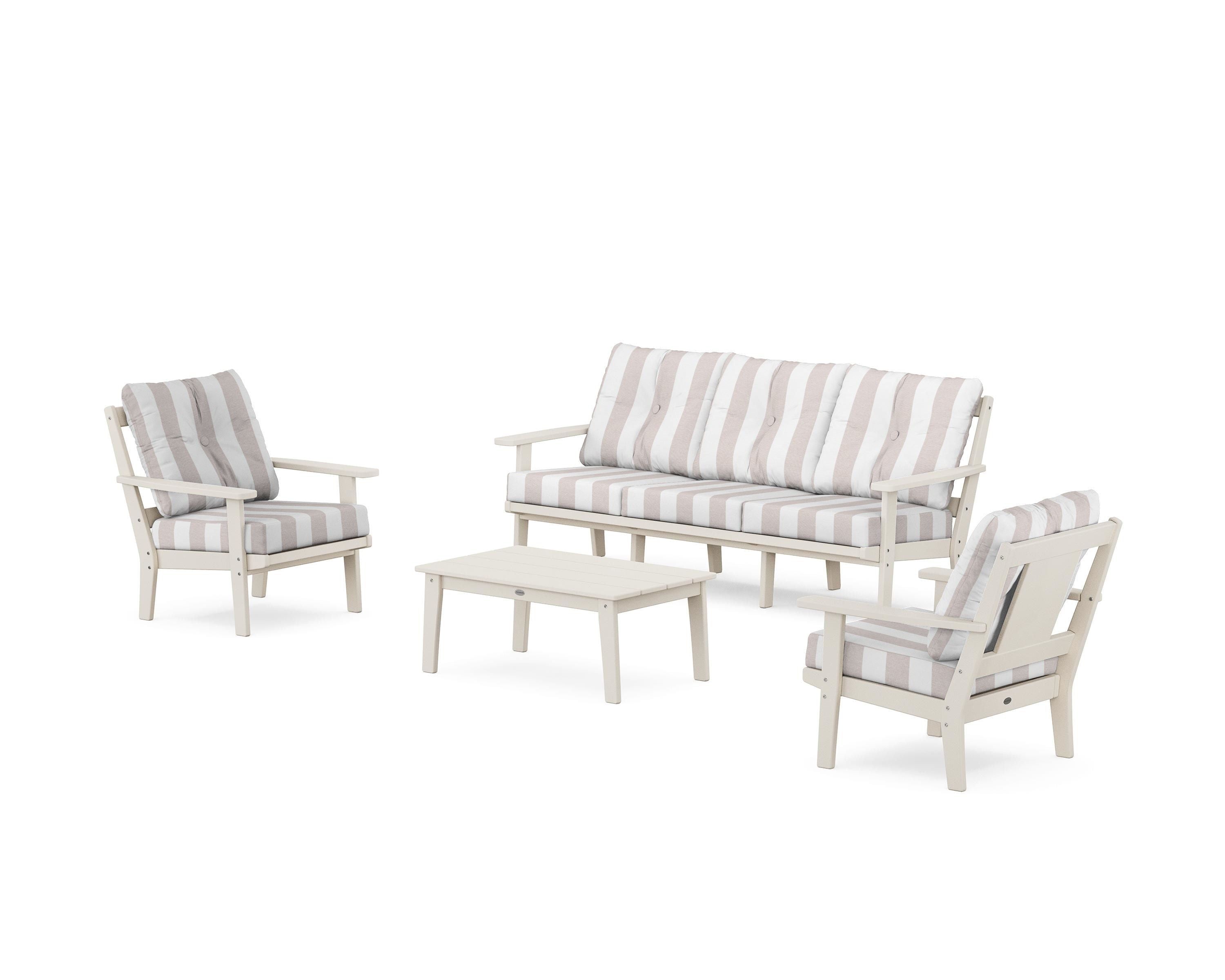 POLYWOOD® Prairie 4-Piece Deep Seating Set with Sofa in Sand / Cabana Stripe Dune Burlap