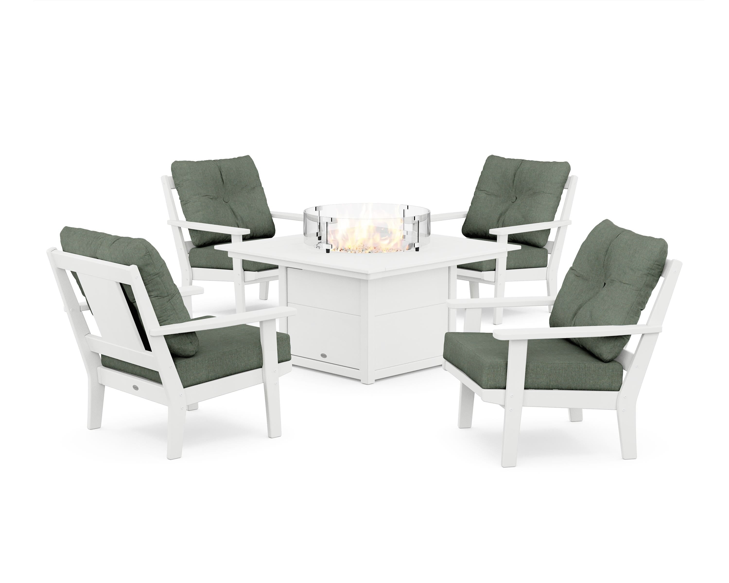 POLYWOOD® Prairie 5-Piece Deep Seating Set with Fire Pit Table in White / Cast Sage