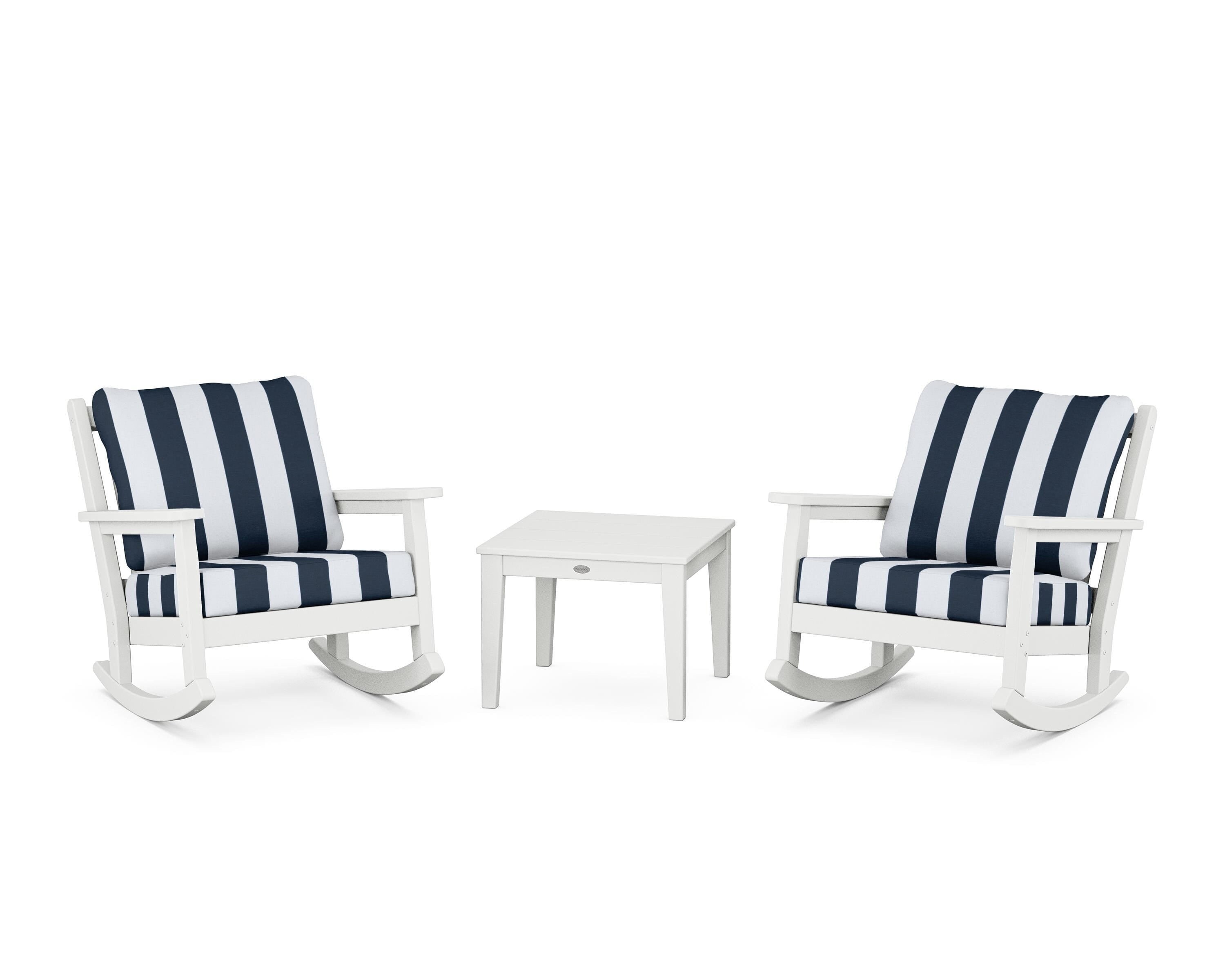 POLYWOOD® Chippendale 3-Piece Deep Seating Rocker Set in White / Cabana Stripe Marine Indigo