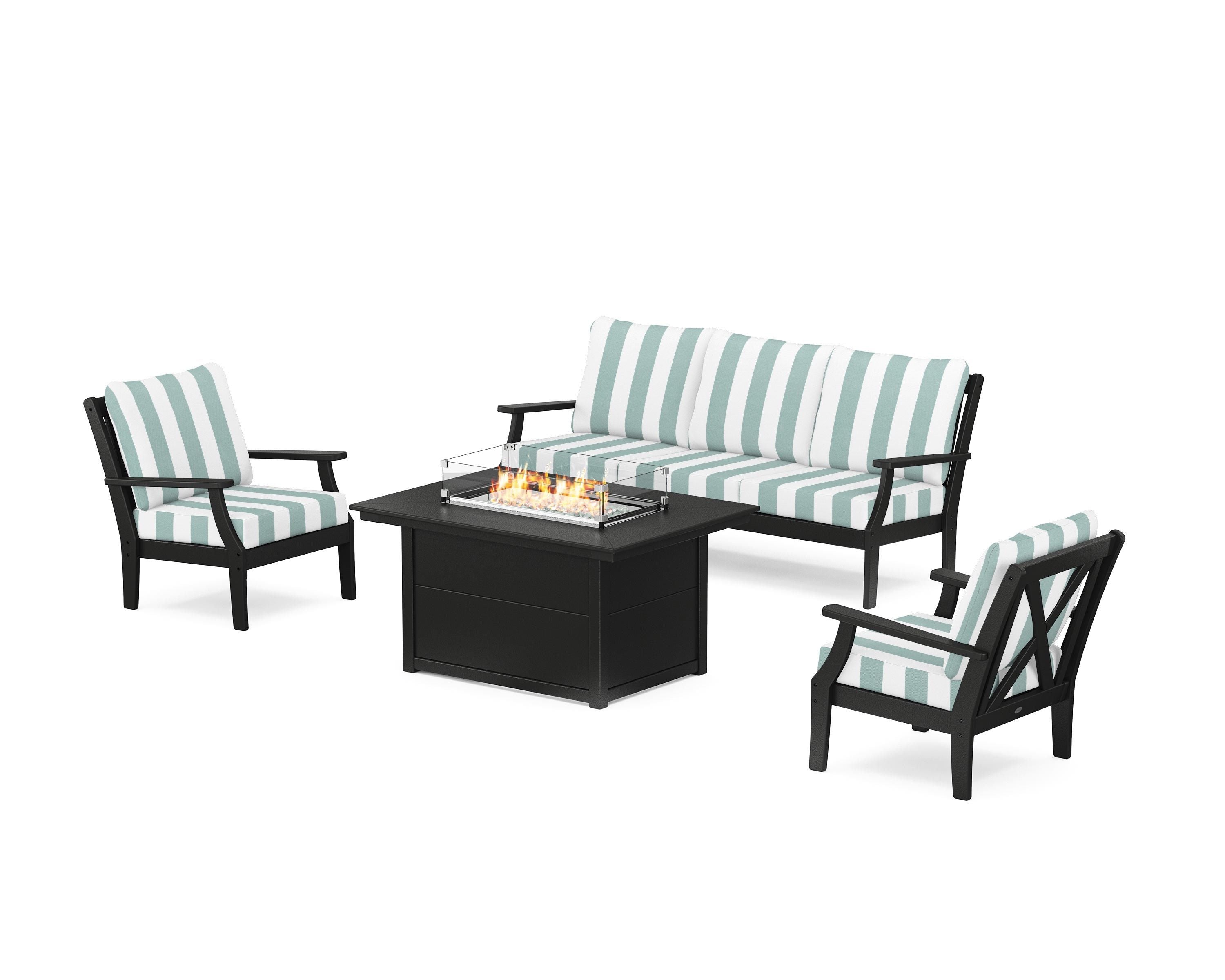 POLYWOOD® Braxton Deep Seating Fire Pit Table Set in Black / Cabana Stripe Glacier Spa