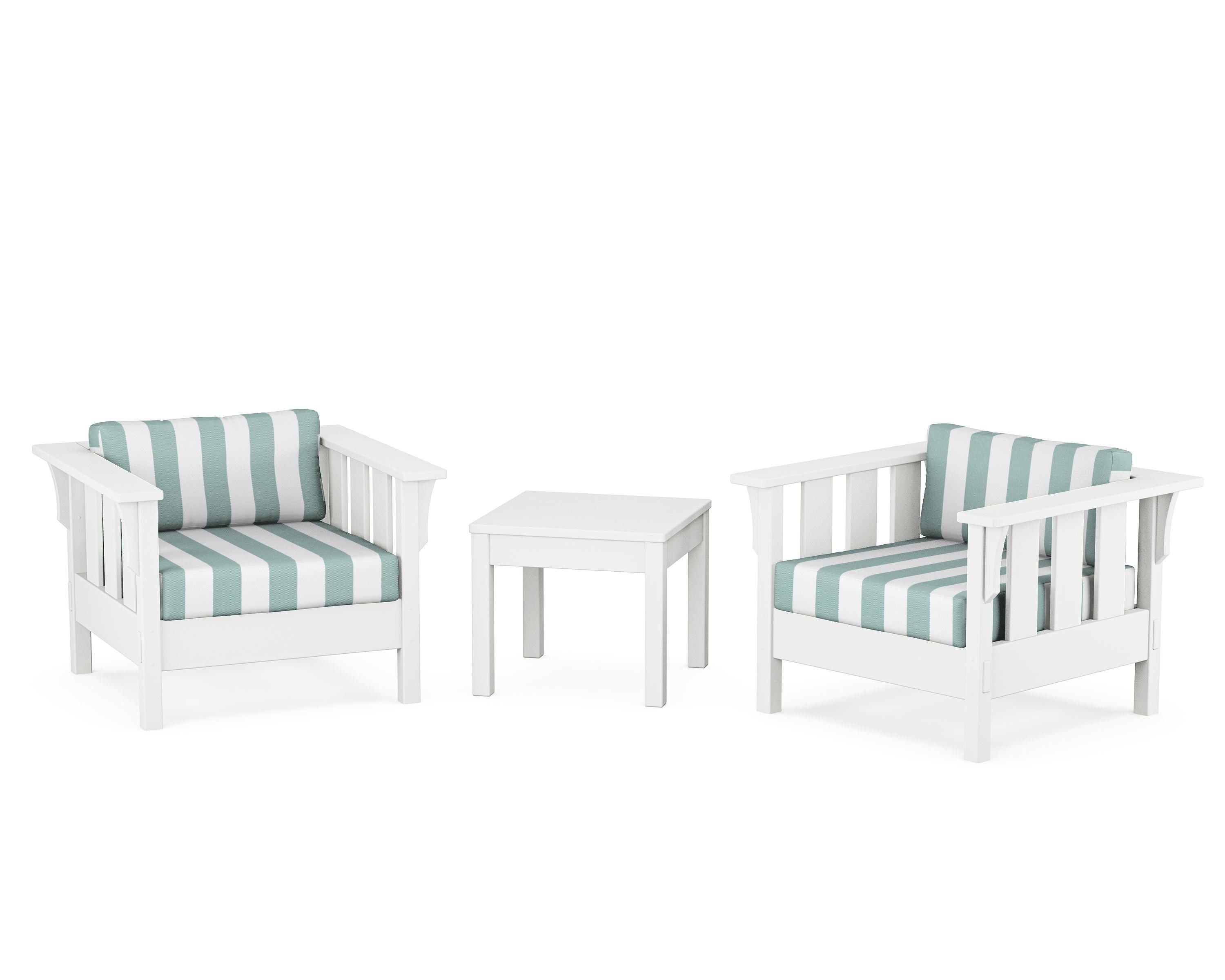 Martha Stewart by POLYWOOD® Acadia 3-Piece Deep Seating Set in White / Cabana Stripe Glacier Spa