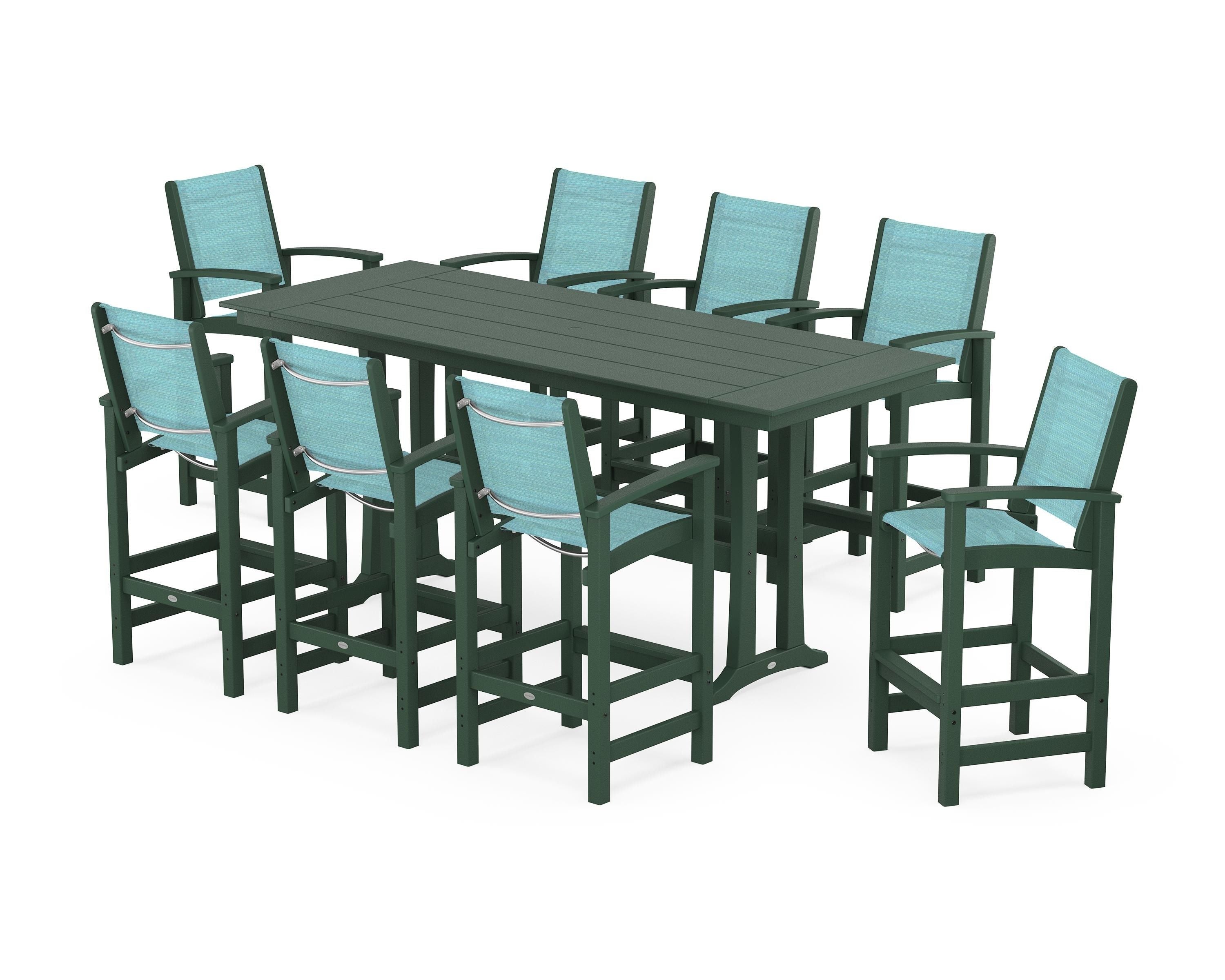POLYWOOD® Coastal 9-Piece Farmhouse Bar Set with Trestle Legs in Green / Dupioni Aquamarine Sling
