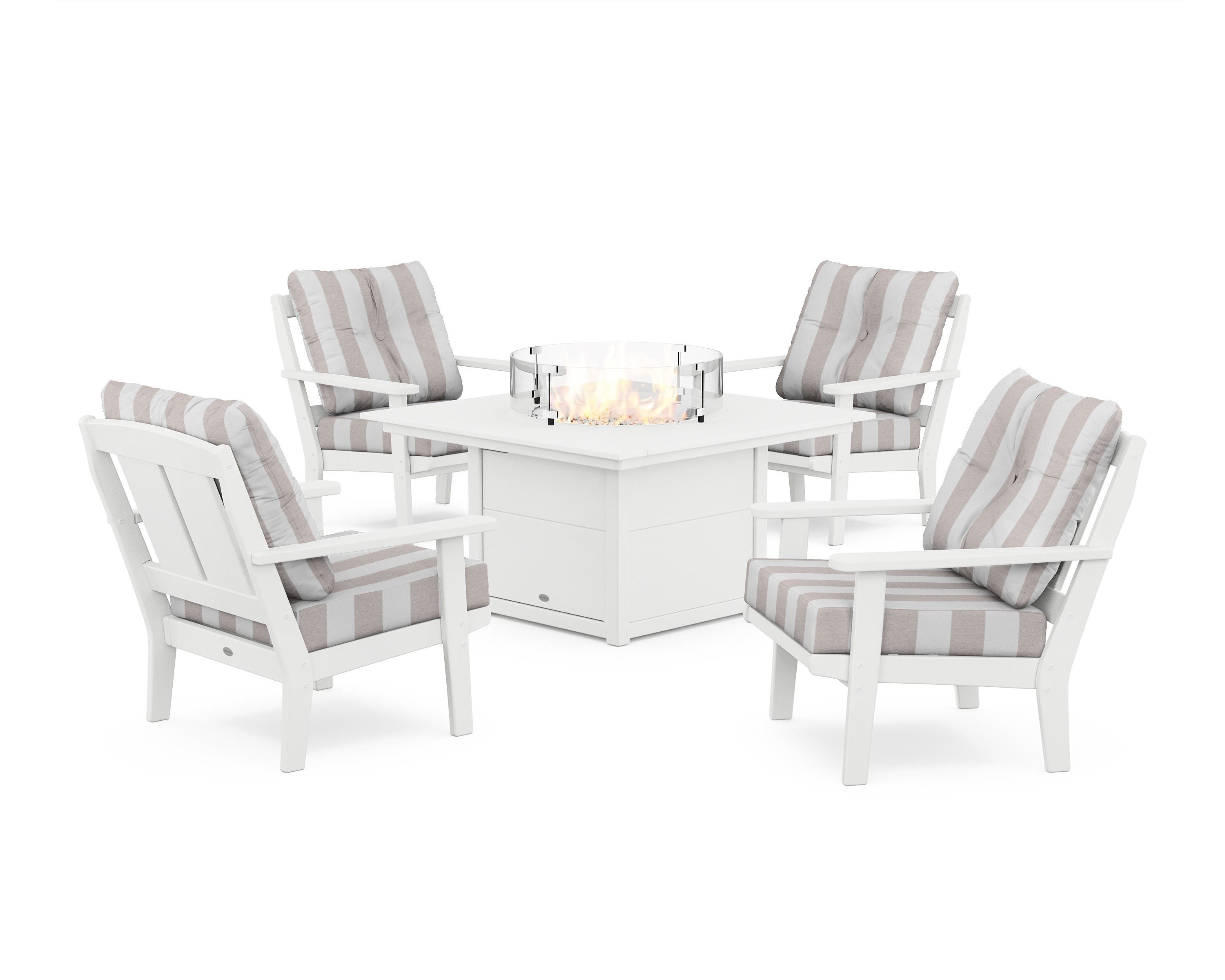 POLYWOOD® Mission 5-Piece Deep Seating Set with Fire Pit Table in White / Cabana Stripe Dune Burlap