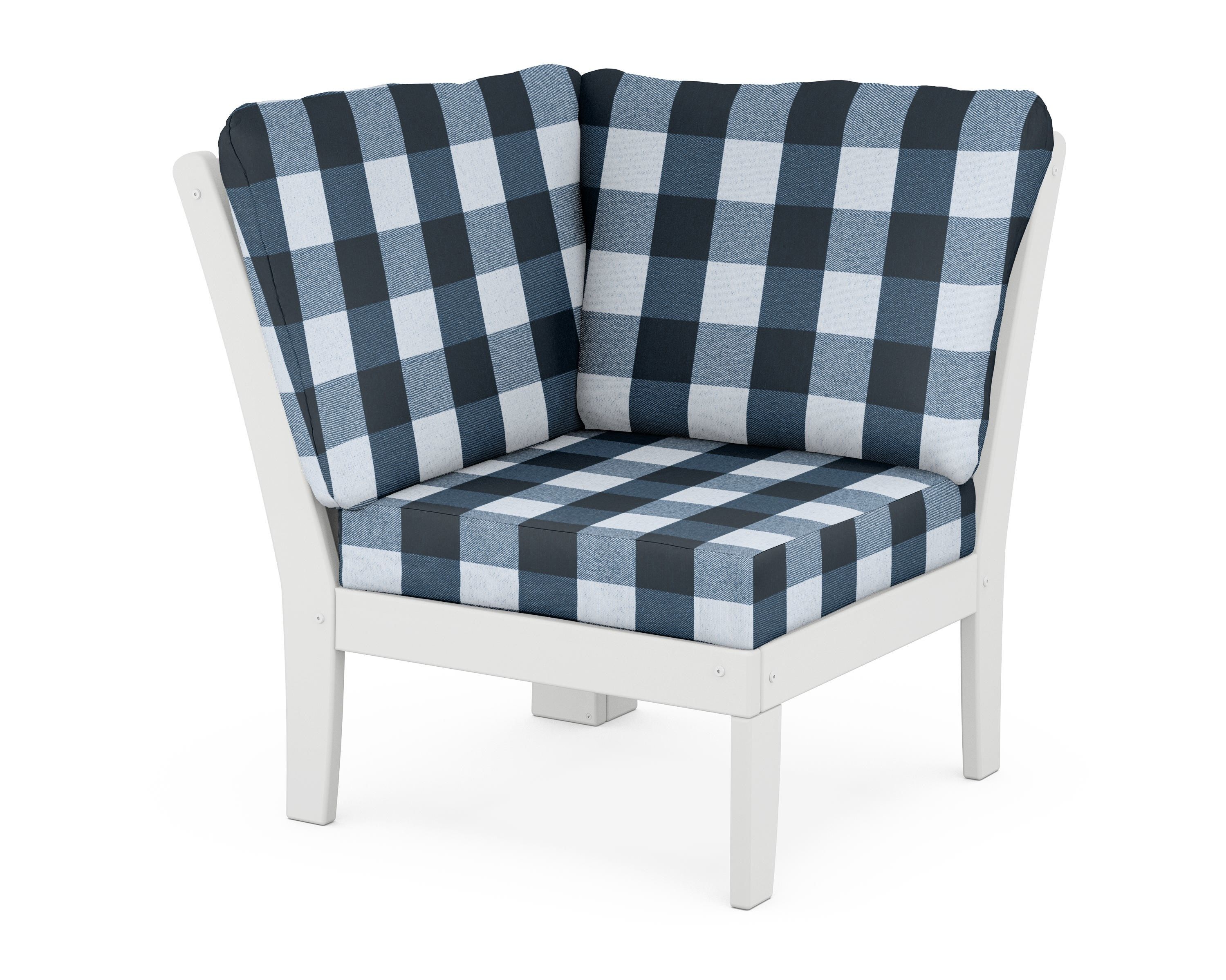 POLYWOOD® Braxton Modular Corner Chair in White / Buffalo Plaid Marine Indigo