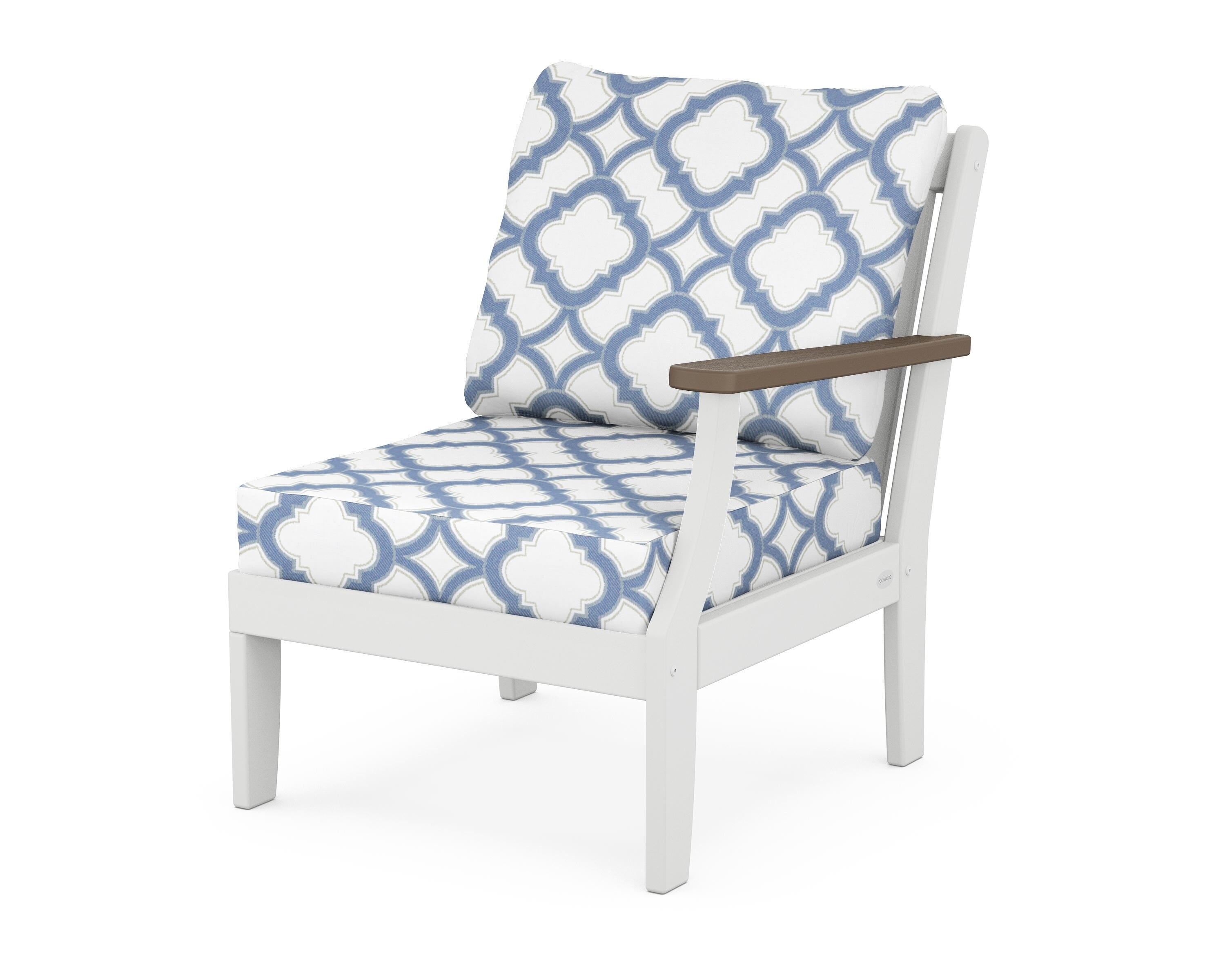 POLYWOOD® Braxton Modular Right Arm Chair in White / Kona / Trellis Sky Blue