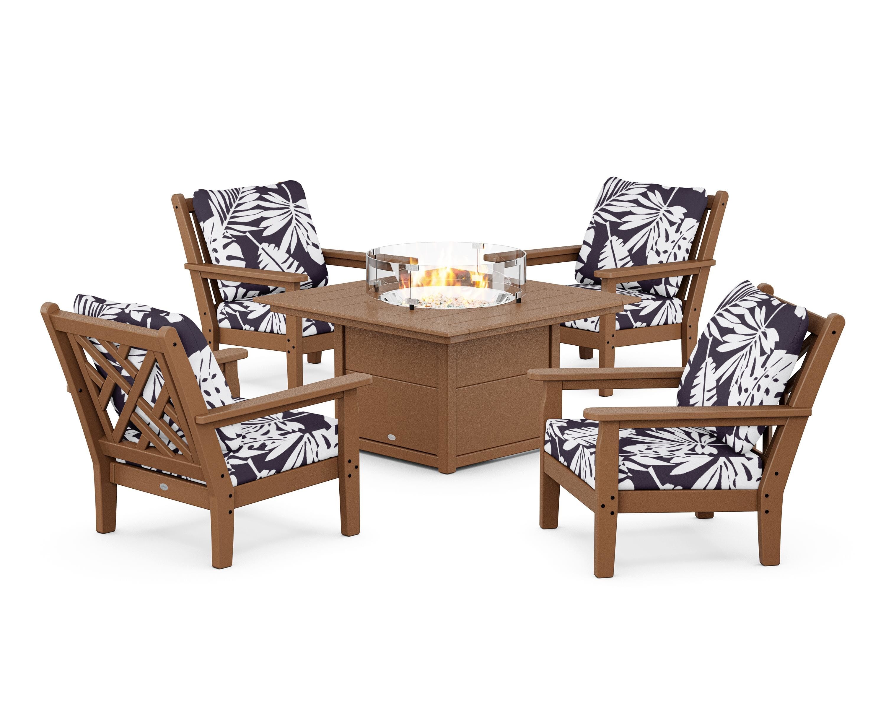 POLYWOOD® Chippendale 5-Piece Deep Seating Set with Fire Pit Table in Teak / Leaf Navy