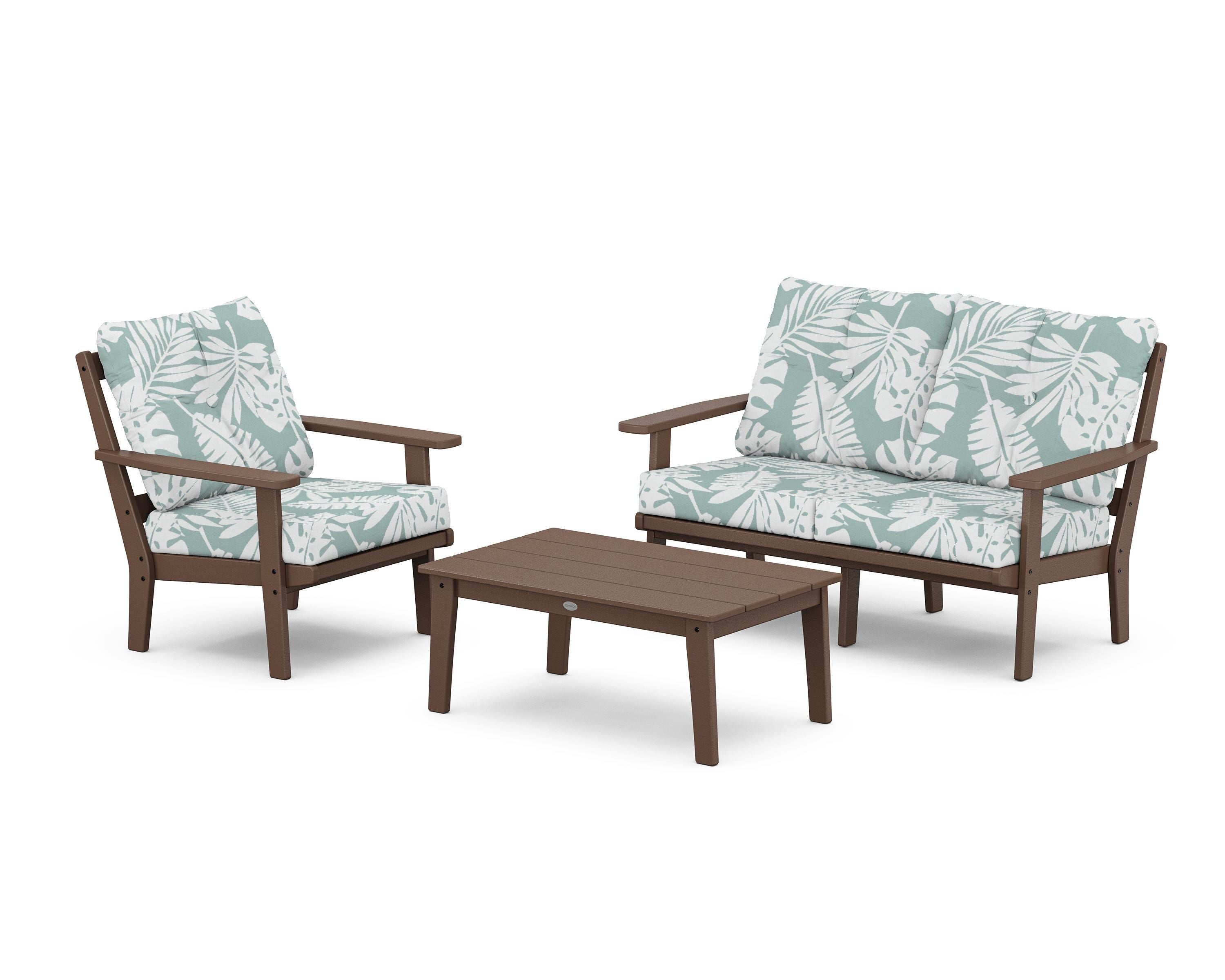 POLYWOOD® Prairie 3-Piece Deep Seating Set with Loveseat in Mahogany / Leaf Glacier Spa