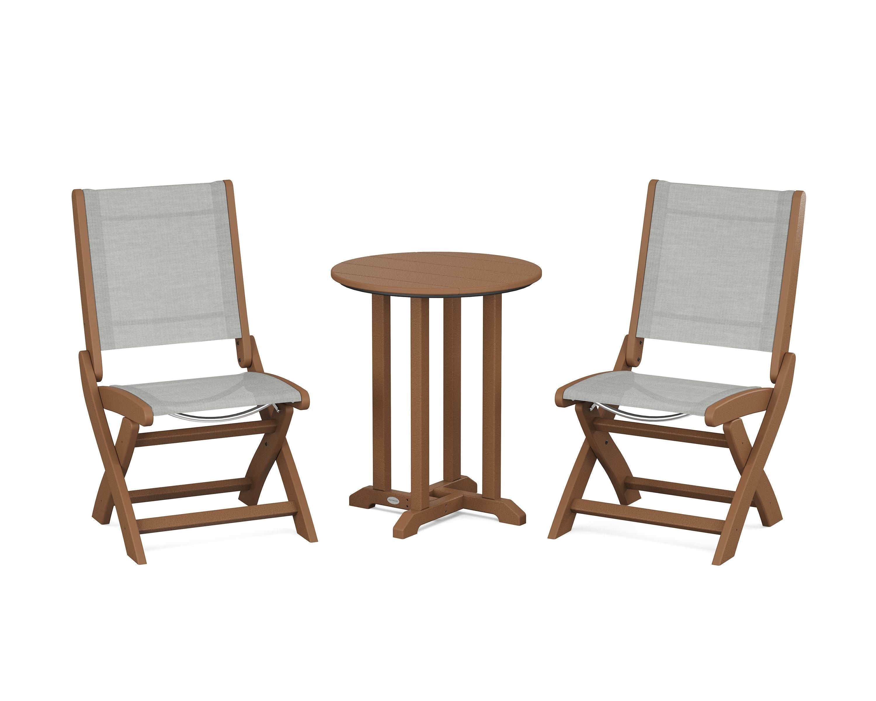 POLYWOOD® Coastal Folding Side Chair 3-Piece Round Bistro Dining Set in Teak / Metallic Sling