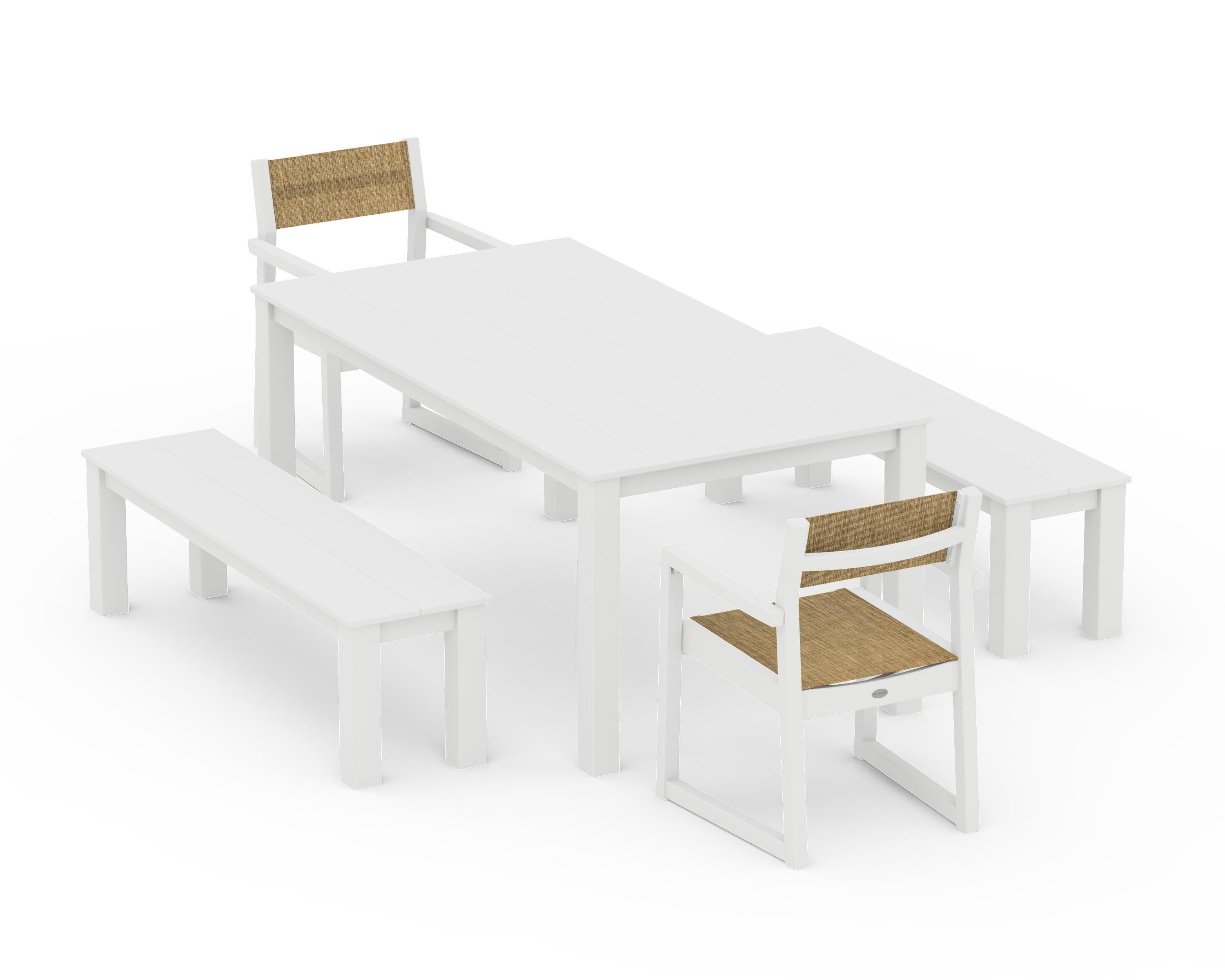POLYWOOD® EDGE Sling Arm Chair 5-Piece Parsons Dining Set with Benches in White / Burlap Sling