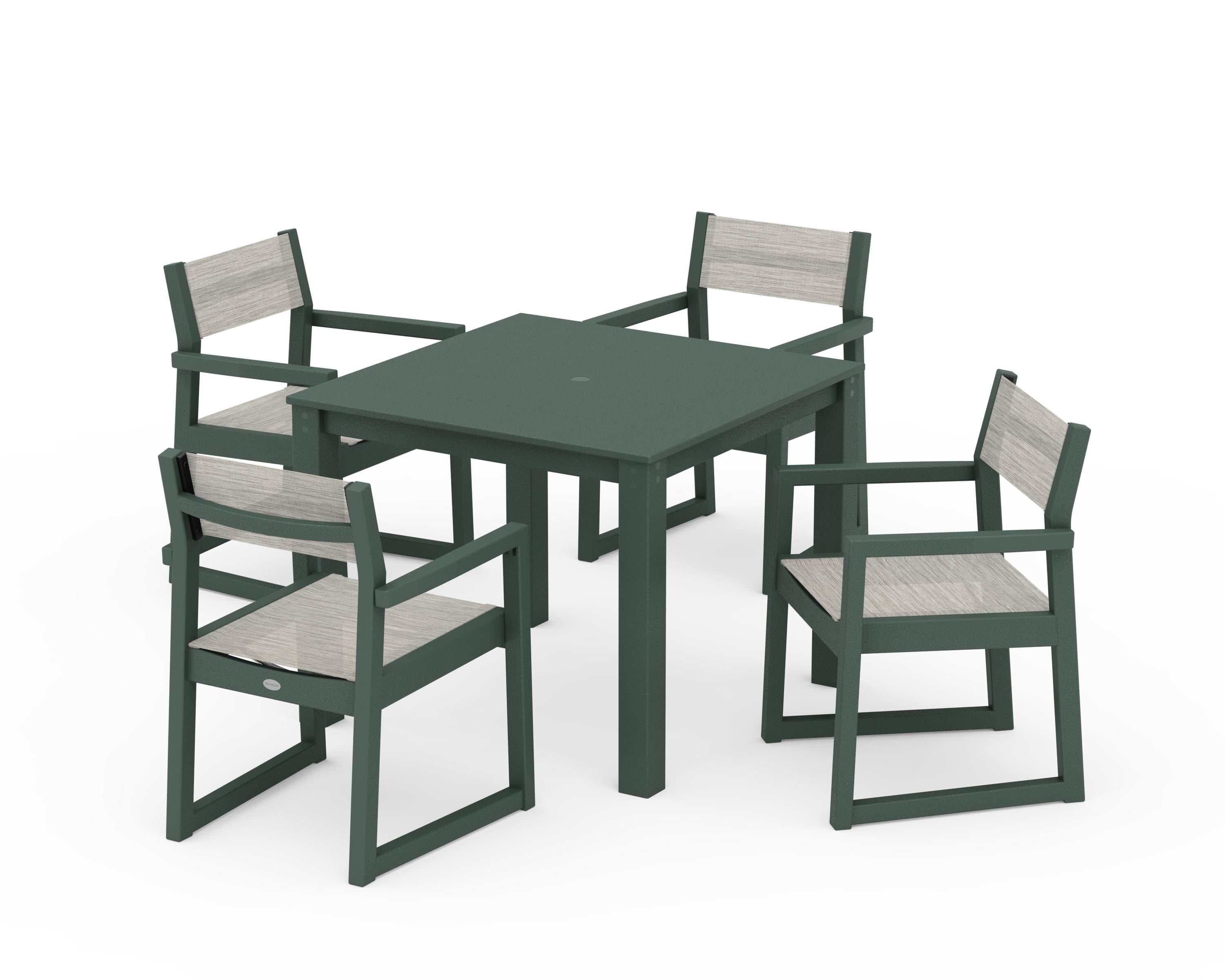 POLYWOOD® EDGE Sling Arm Chair 5-Piece Parsons Dining Set in Green / Birch Sling