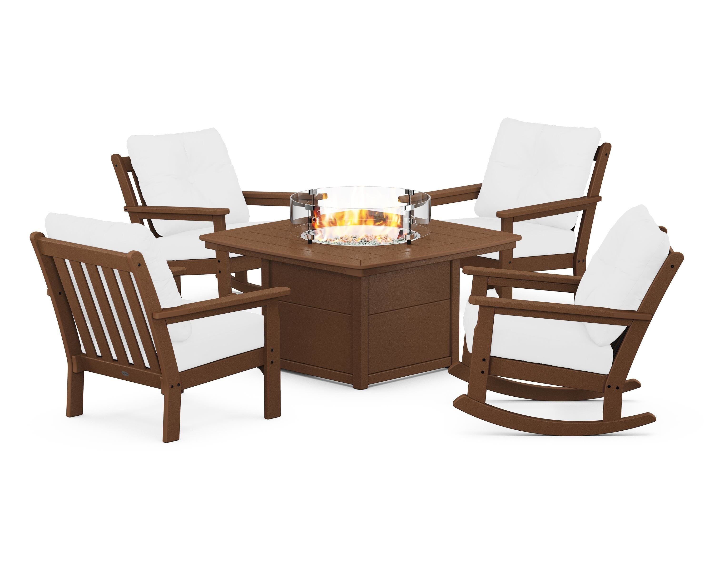 POLYWOOD® Vineyard 5-Piece Deep Seating Rocking Chair Conversation Set with Fire Pit Table in Teak / Natural