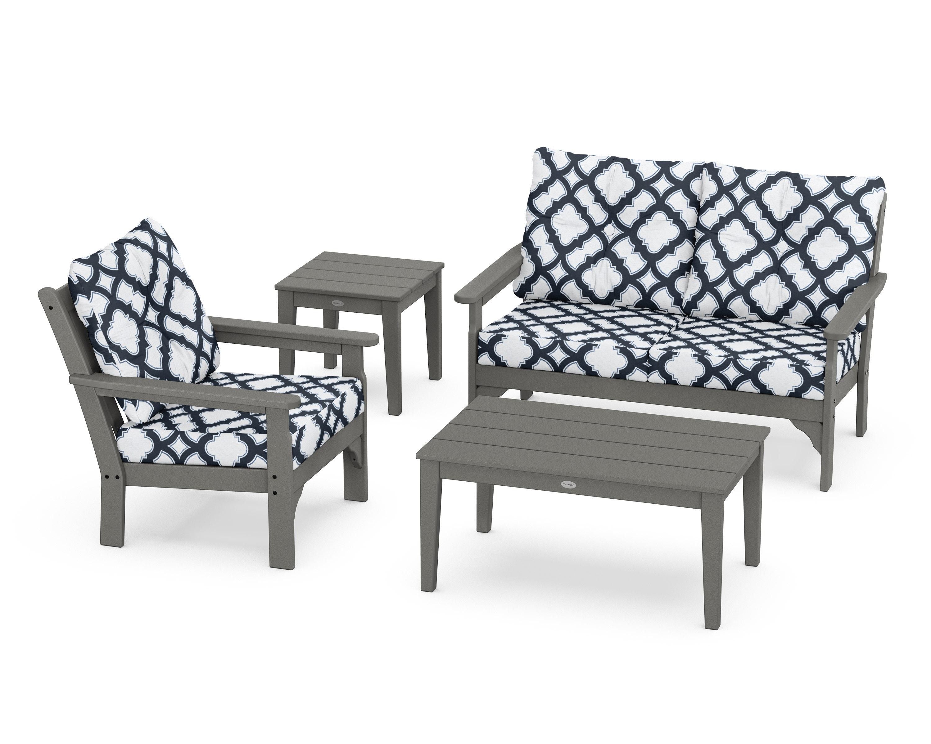 POLYWOOD® Vineyard 4-Piece Deep Seating Set in Slate Grey / Trellis Marine Indigo