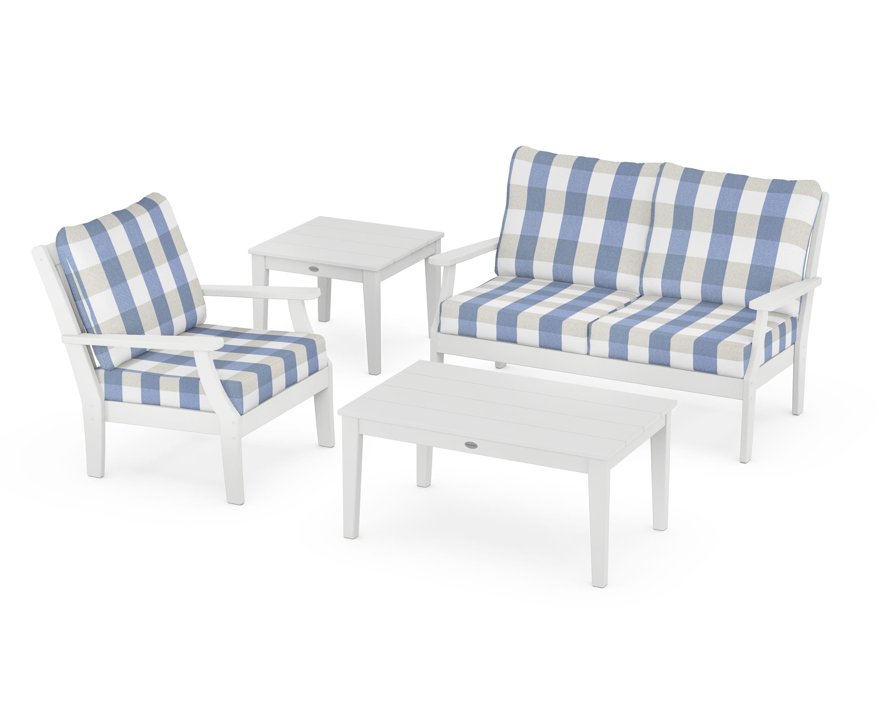 POLYWOOD® Braxton 4-Piece Deep Seating Set in White / Buffalo Plaid Sky Blue