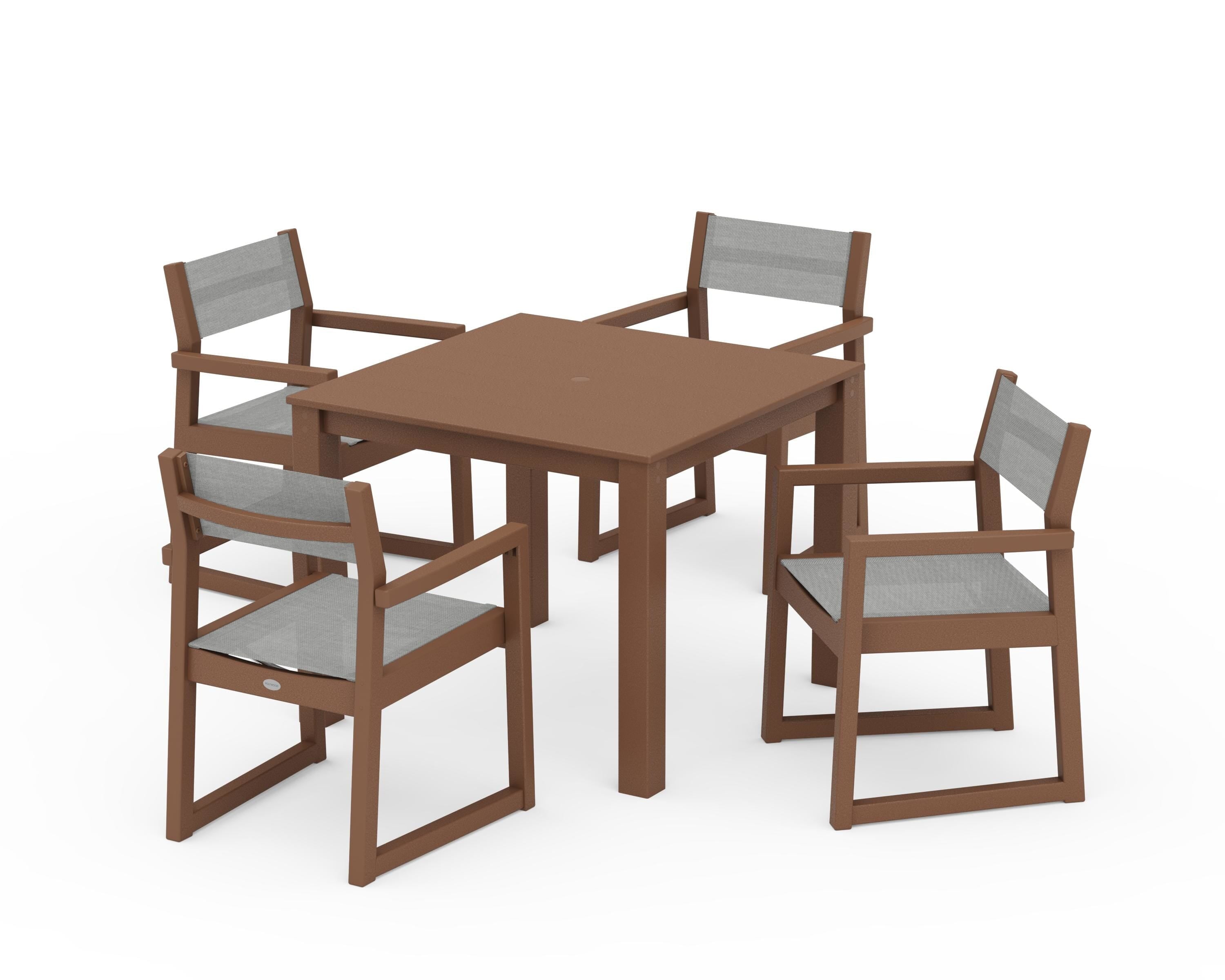 POLYWOOD® EDGE Sling Arm Chair 5-Piece Parsons Dining Set in Teak / Metallic Sling