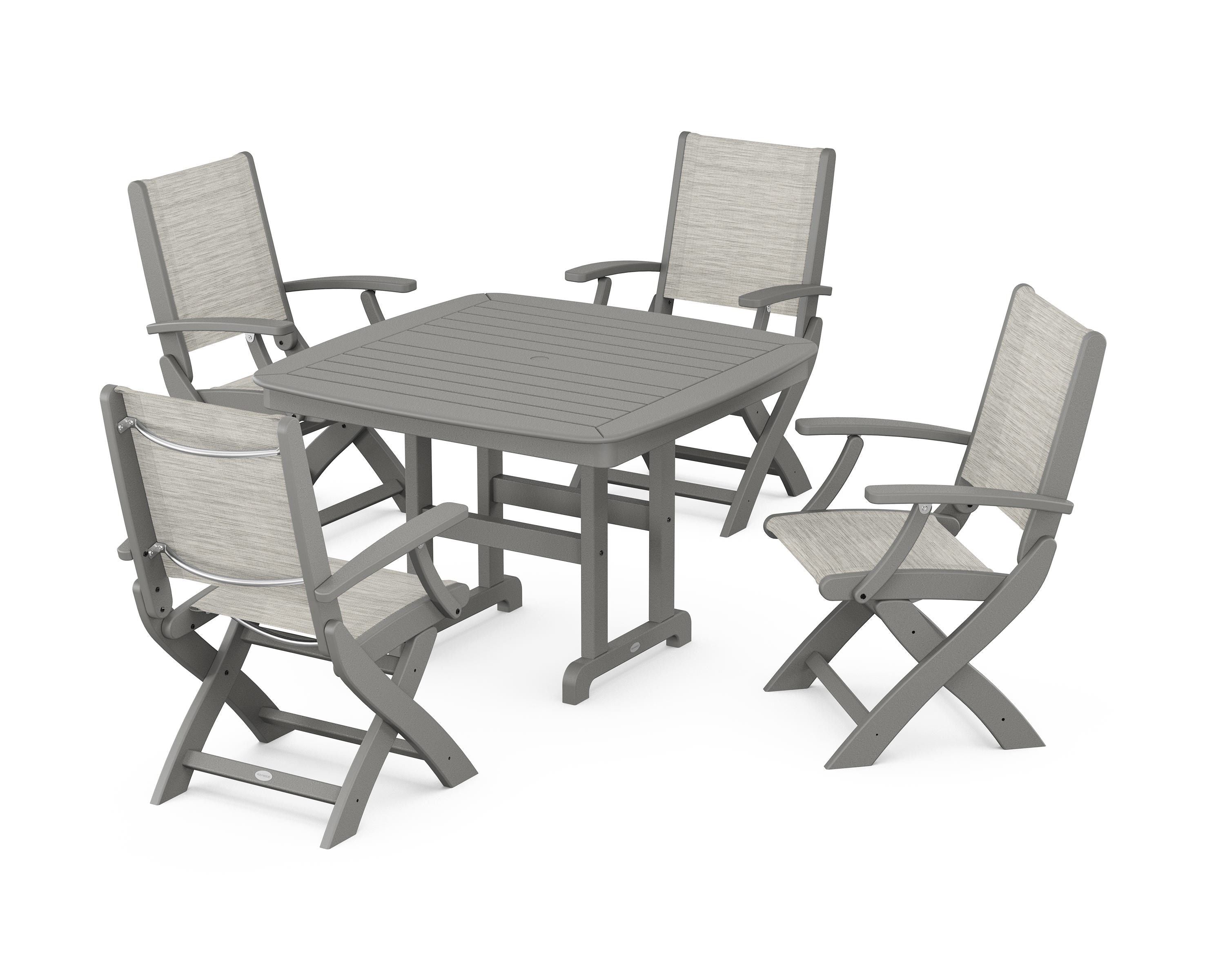 POLYWOOD® Coastal Folding Chair 5-Piece Dining Set in Slate Grey / Birch Sling