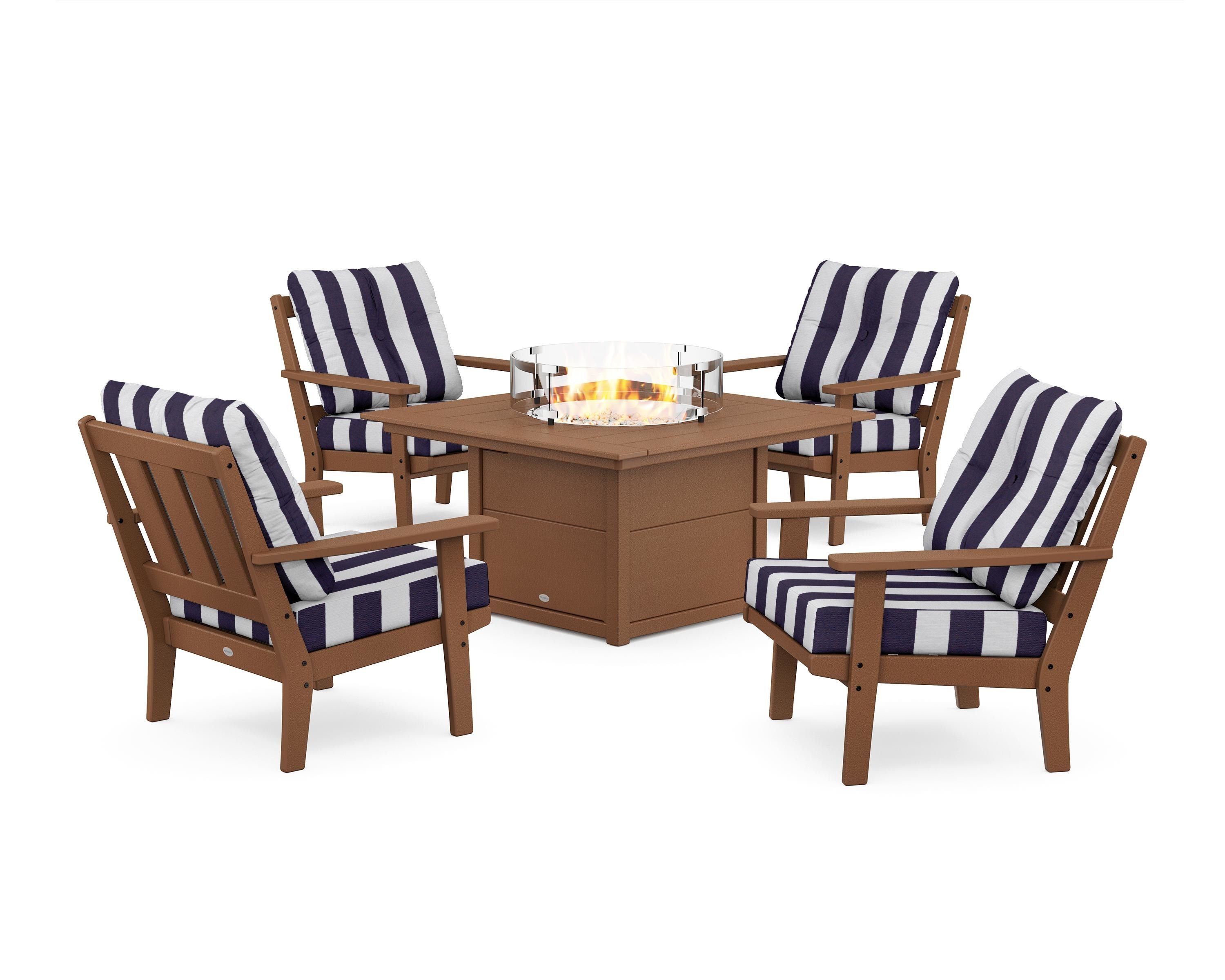 POLYWOOD® Oxford 5-Piece Deep Seating Set with Fire Pit Table in Teak / Cabana Stripe Navy