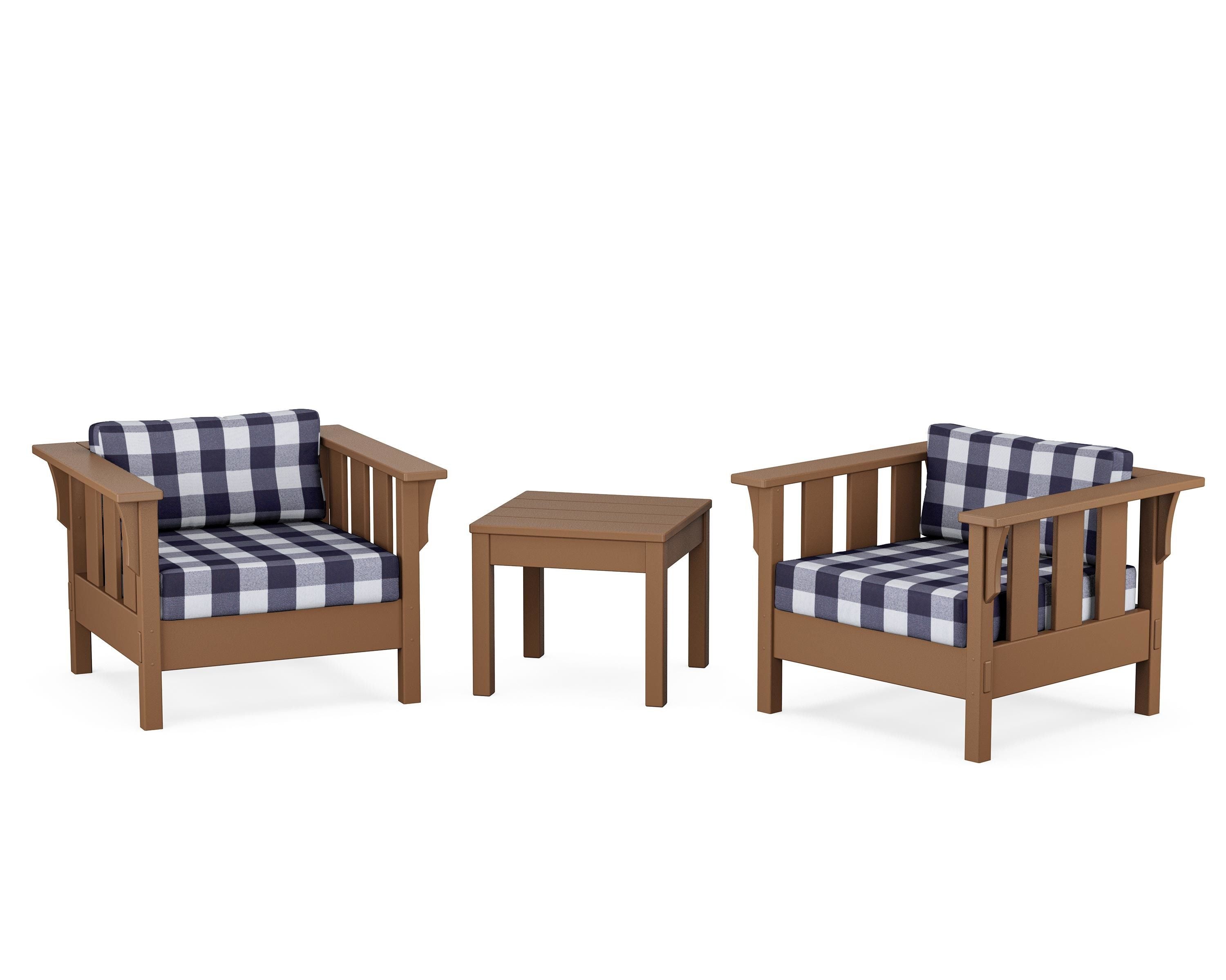 Martha Stewart by POLYWOOD® Acadia 3-Piece Deep Seating Set in Teak / Buffalo Plaid Navy