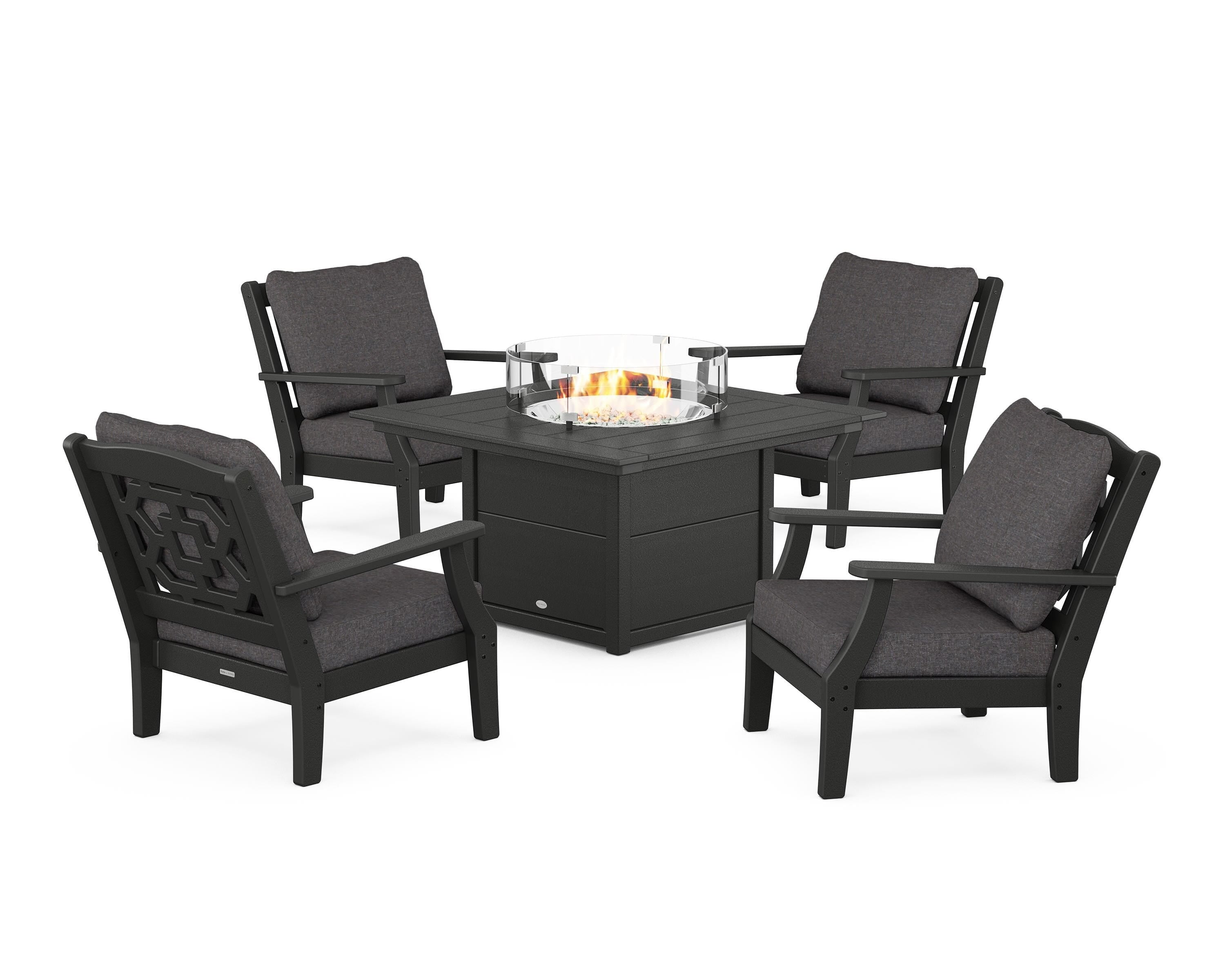 Martha Stewart by POLYWOOD® Chinoiserie 5-Piece Deep Seating Set with Fire Pit Table in Black / Ash Charcoal