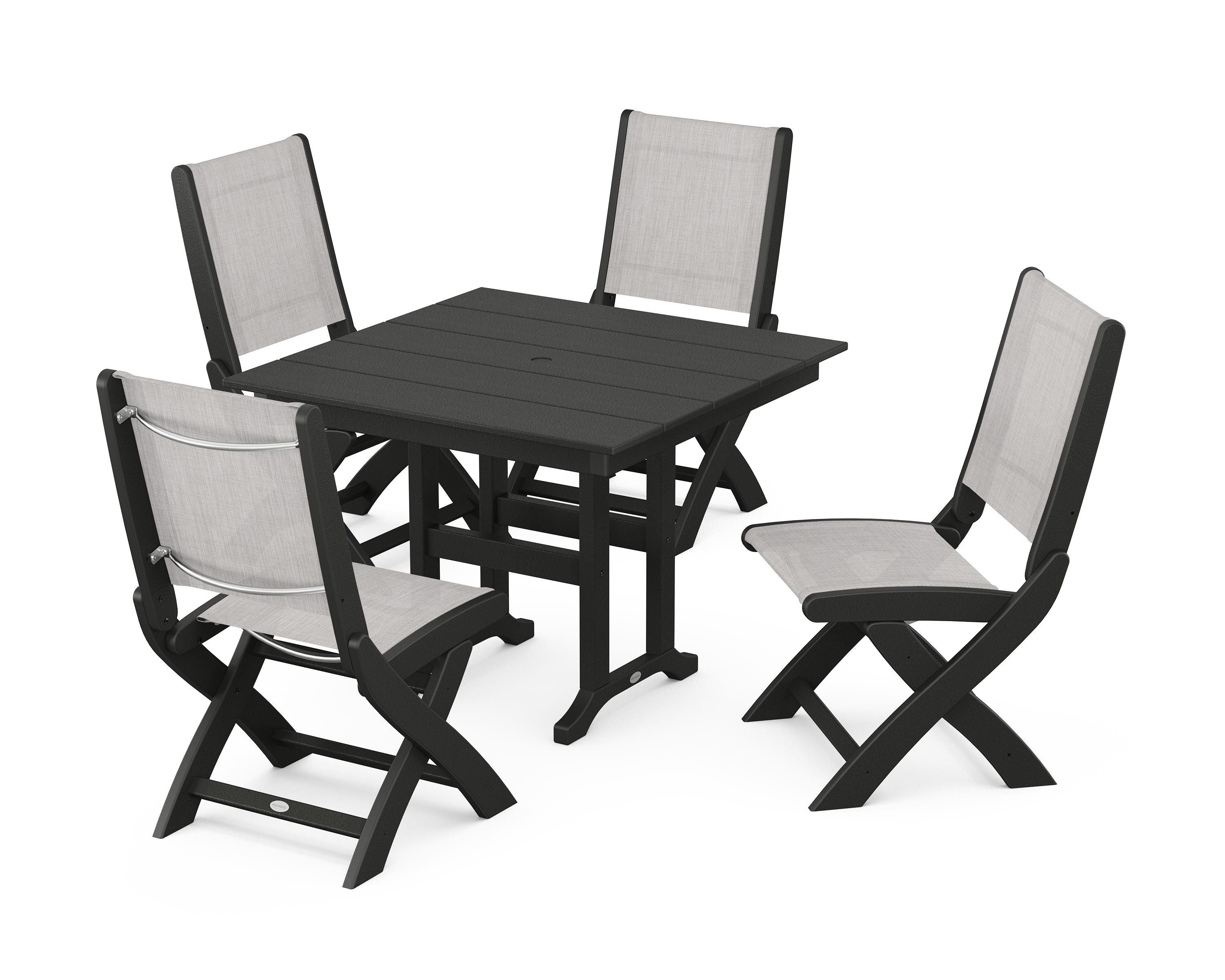 POLYWOOD® Coastal Folding Side Chair 5-Piece Farmhouse Dining Set in Black / Parchment Sling