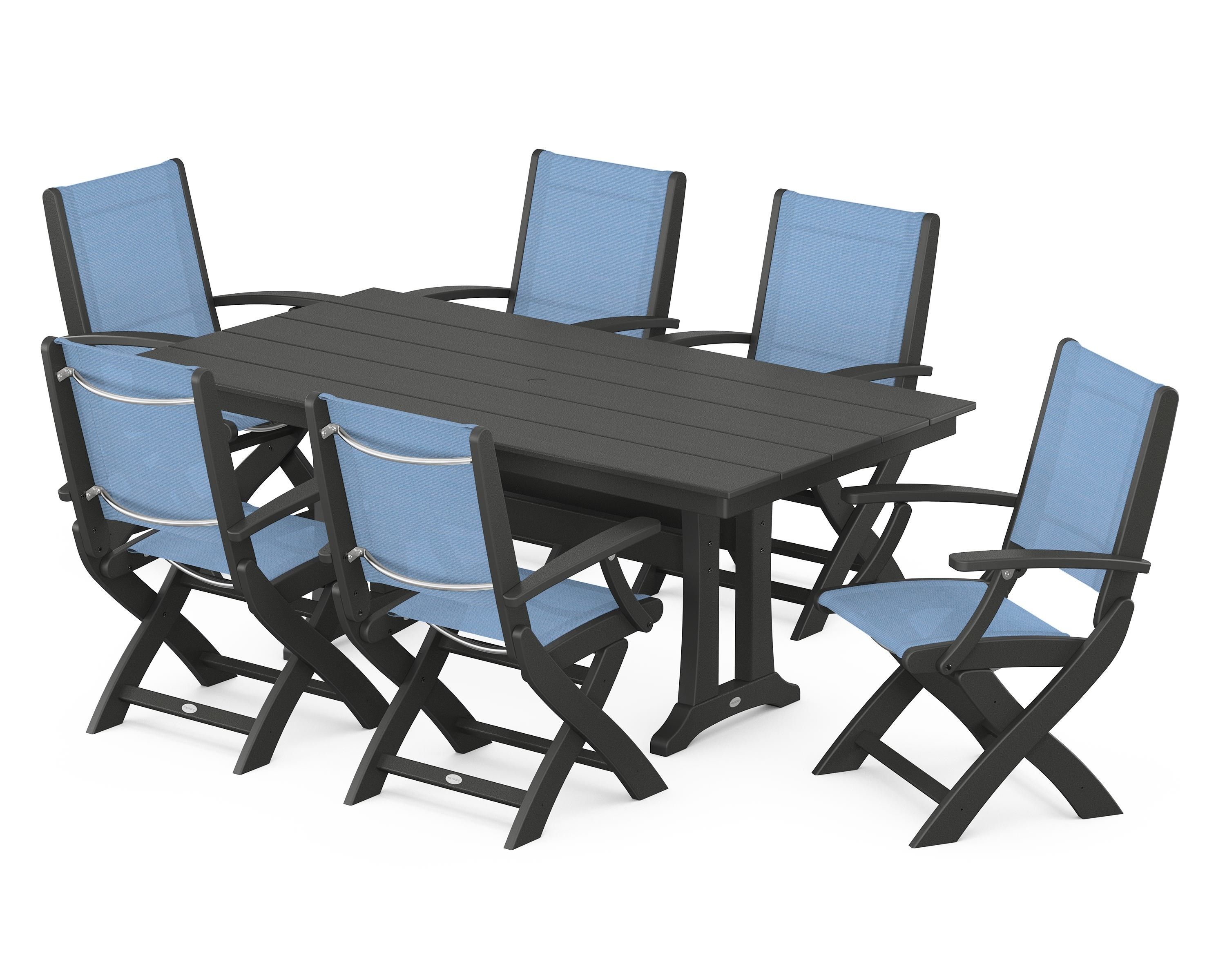 POLYWOOD® Coastal Folding Arm Chair 7-Piece Farmhouse Dining Set with Trestle Legs in Black / Poolside Sling