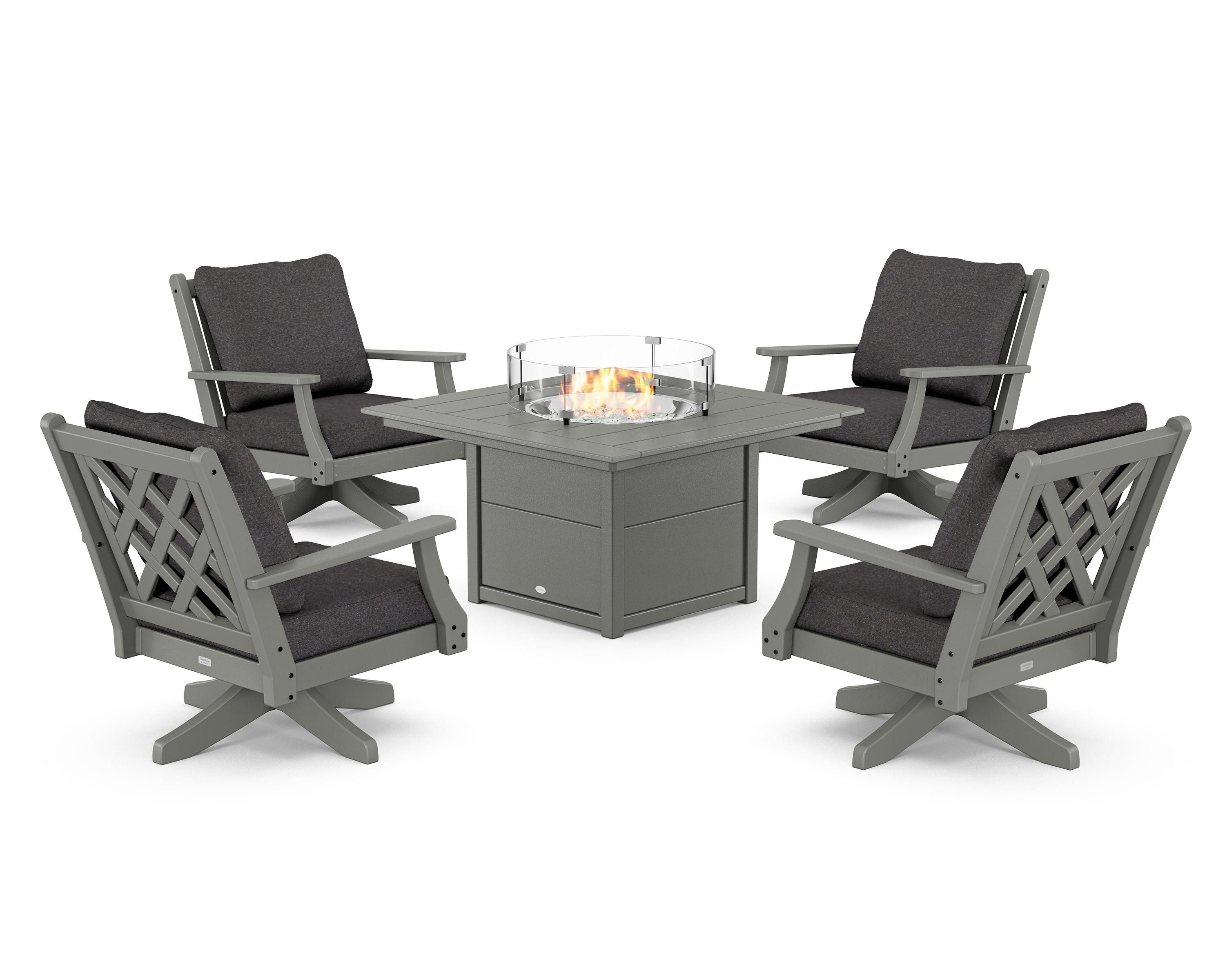 Country Living Wovendale 5-Piece Deep Seating Swivel Conversation Set with Fire Pit Table in Slate Grey / Ash Charcoal