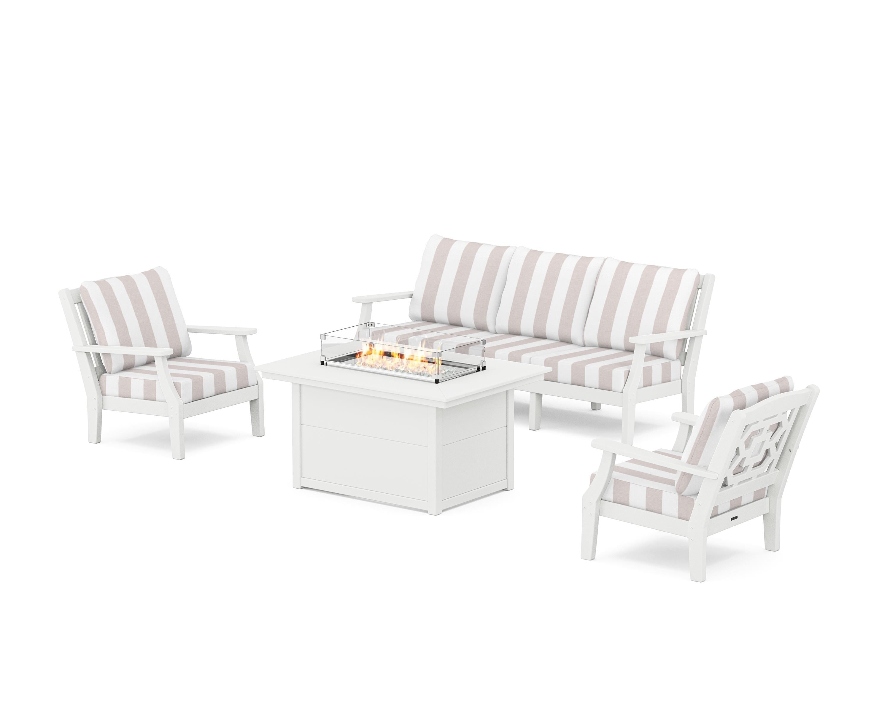 Martha Stewart by POLYWOOD® Chinoiserie Deep Seating Fire Pit Table Set in White / Cabana Stripe Dune Burlap