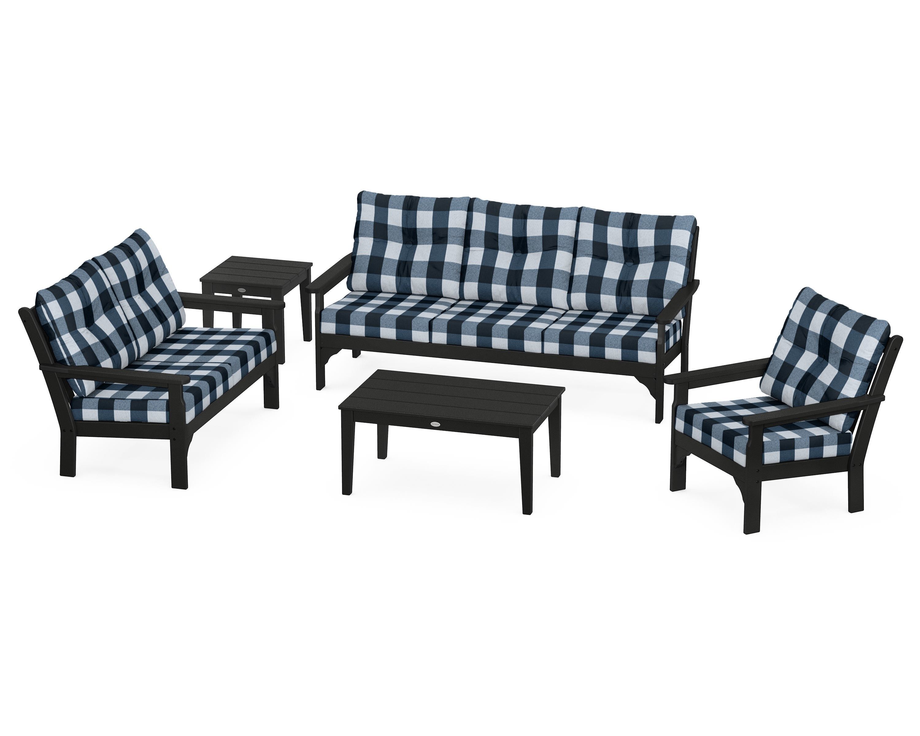 POLYWOOD® Vineyard 5 Piece Deep Seating Set in Black / Buffalo Plaid Marine Indigo