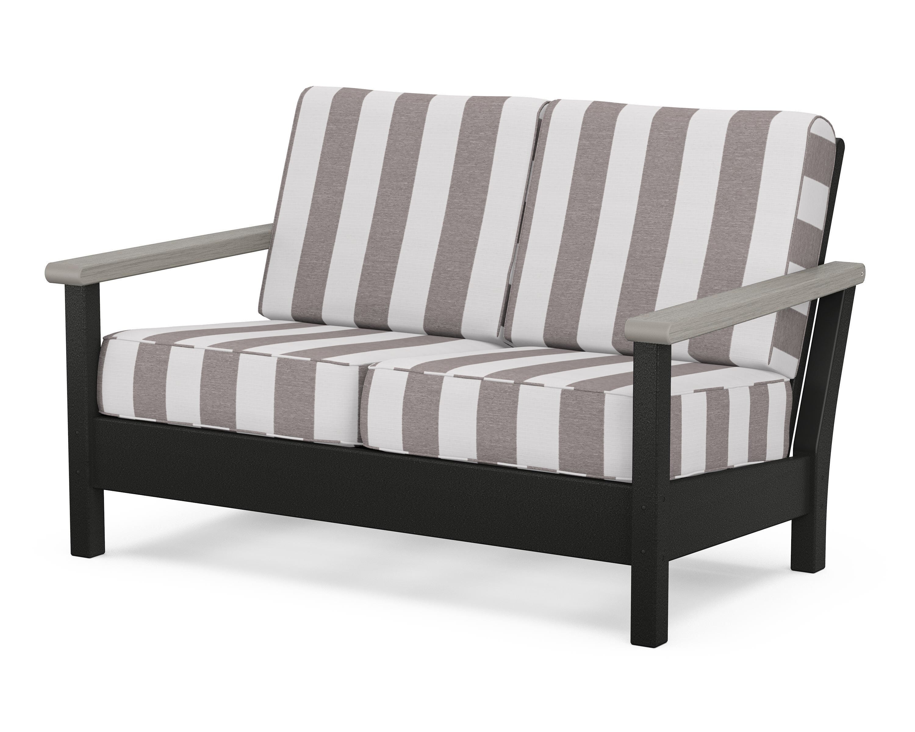 POLYWOOD® Harbour Deep Seating Loveseat in Black / Driftwood / Cabana Stripe Grey Mist