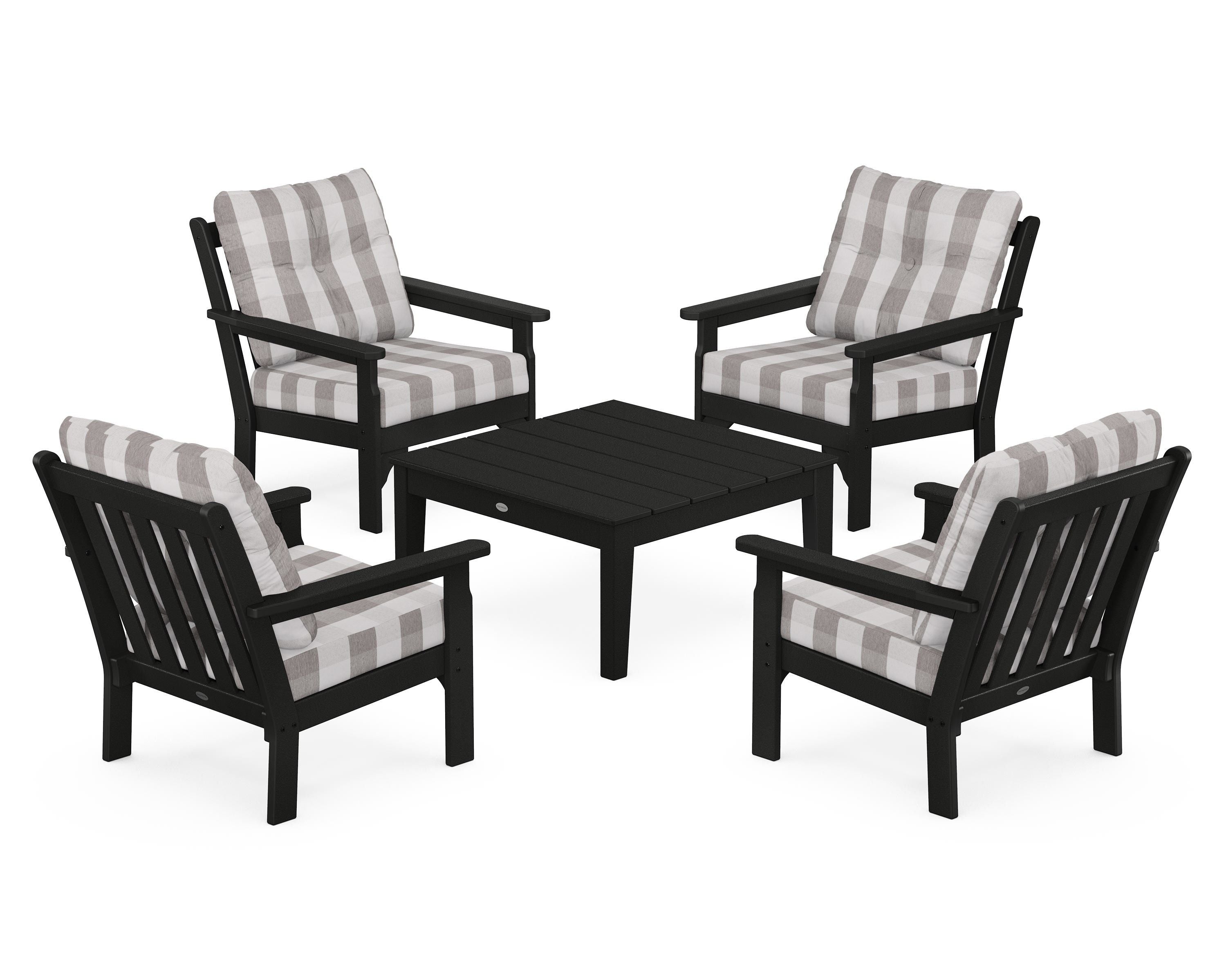 POLYWOOD® Vineyard 5-Piece Deep Seating Conversation Set in Black / Buffalo Plaid Grey Mist