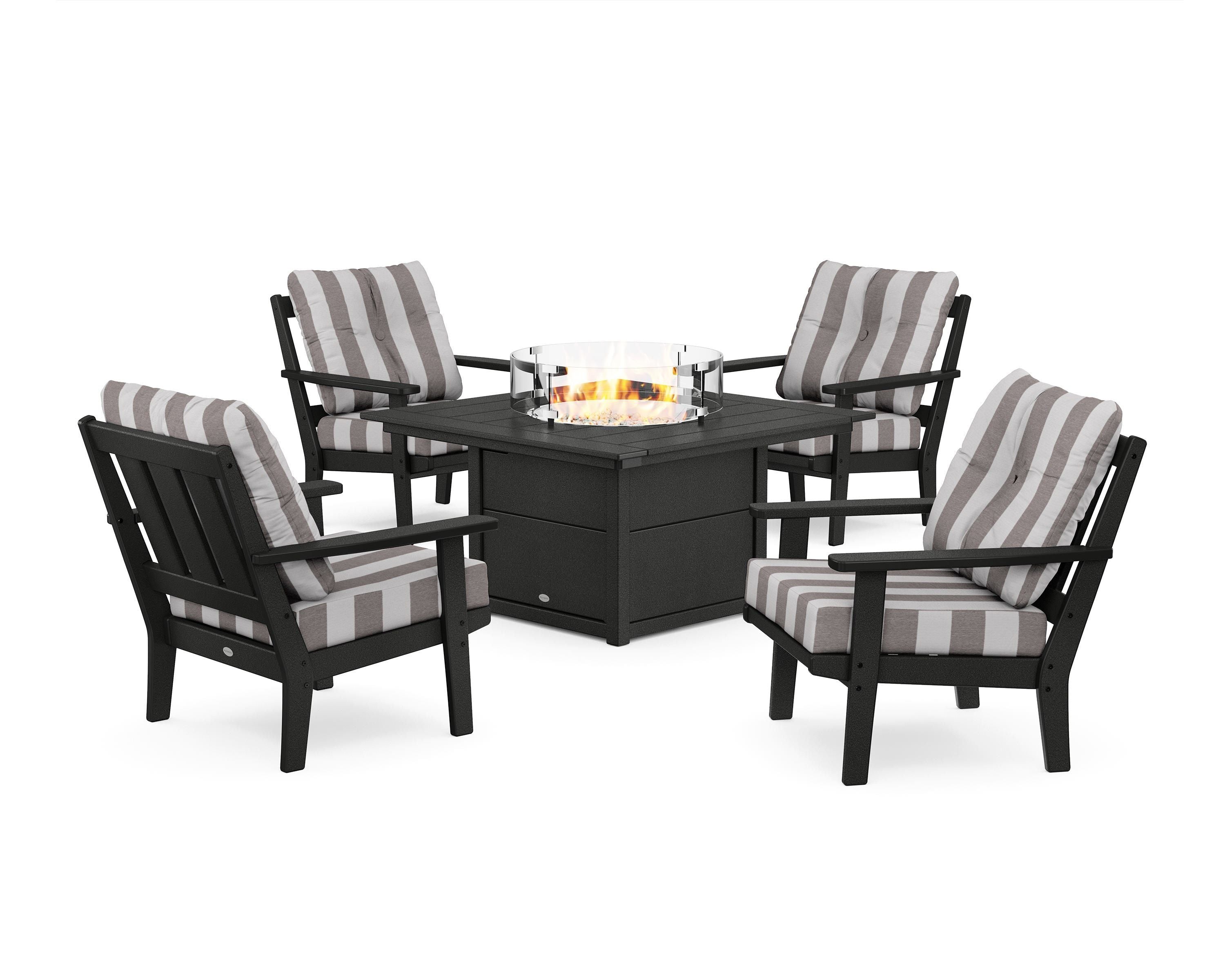 POLYWOOD® Oxford 5-Piece Deep Seating Set with Fire Pit Table in Black / Cabana Stripe Grey Mist
