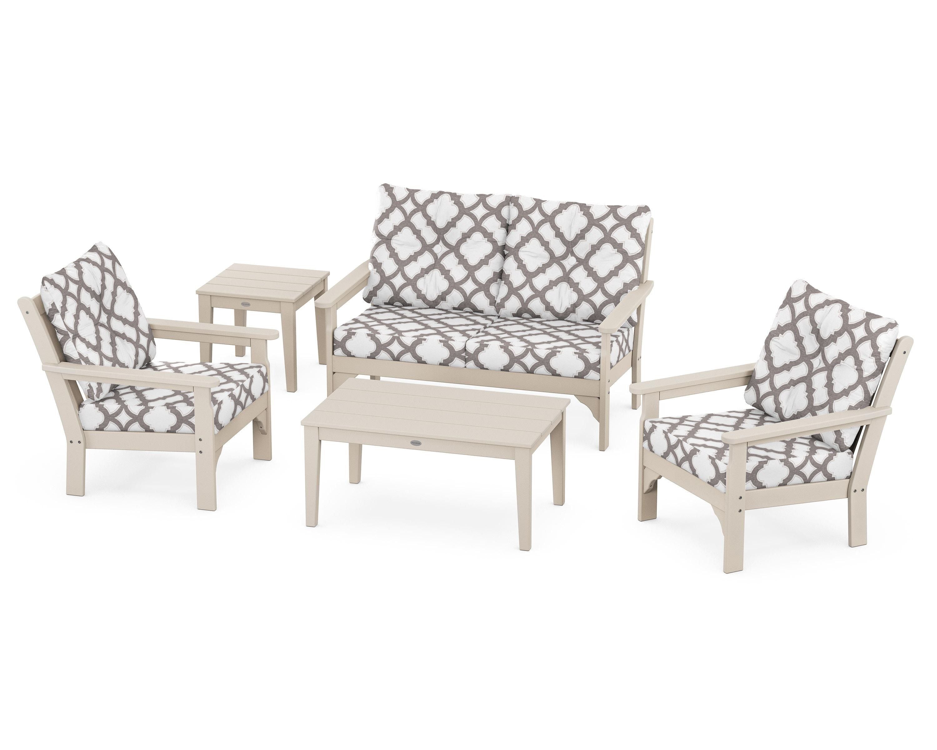 POLYWOOD® Vineyard 5-Piece Deep Seating Set in Sand / Trellis Grey Mist