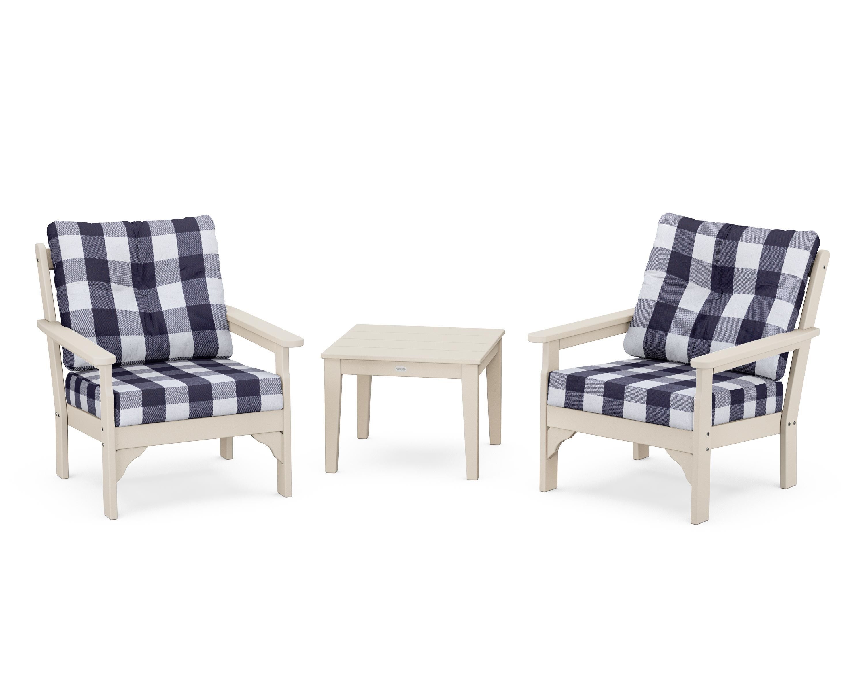 POLYWOOD® Vineyard 3-Piece Deep Seating Set in Sand / Buffalo Plaid Navy