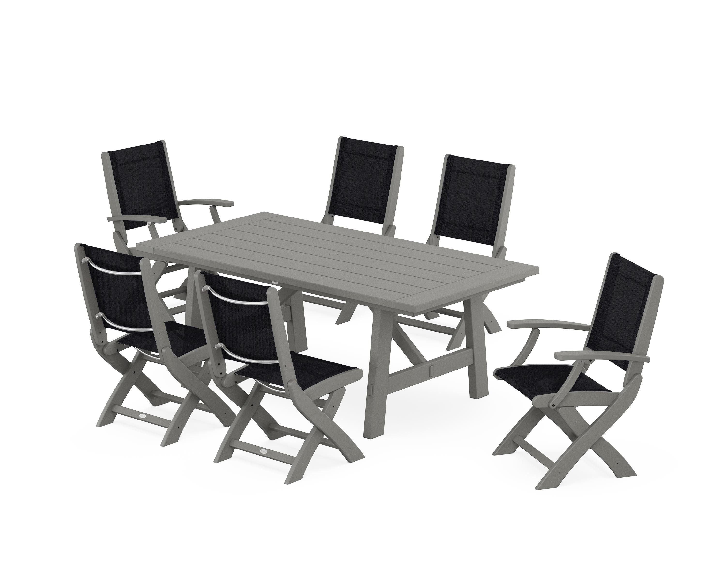 POLYWOOD® Coastal Folding Chair 7-Piece Rustic Farmhouse Dining Set in Slate Grey / Black Sling
