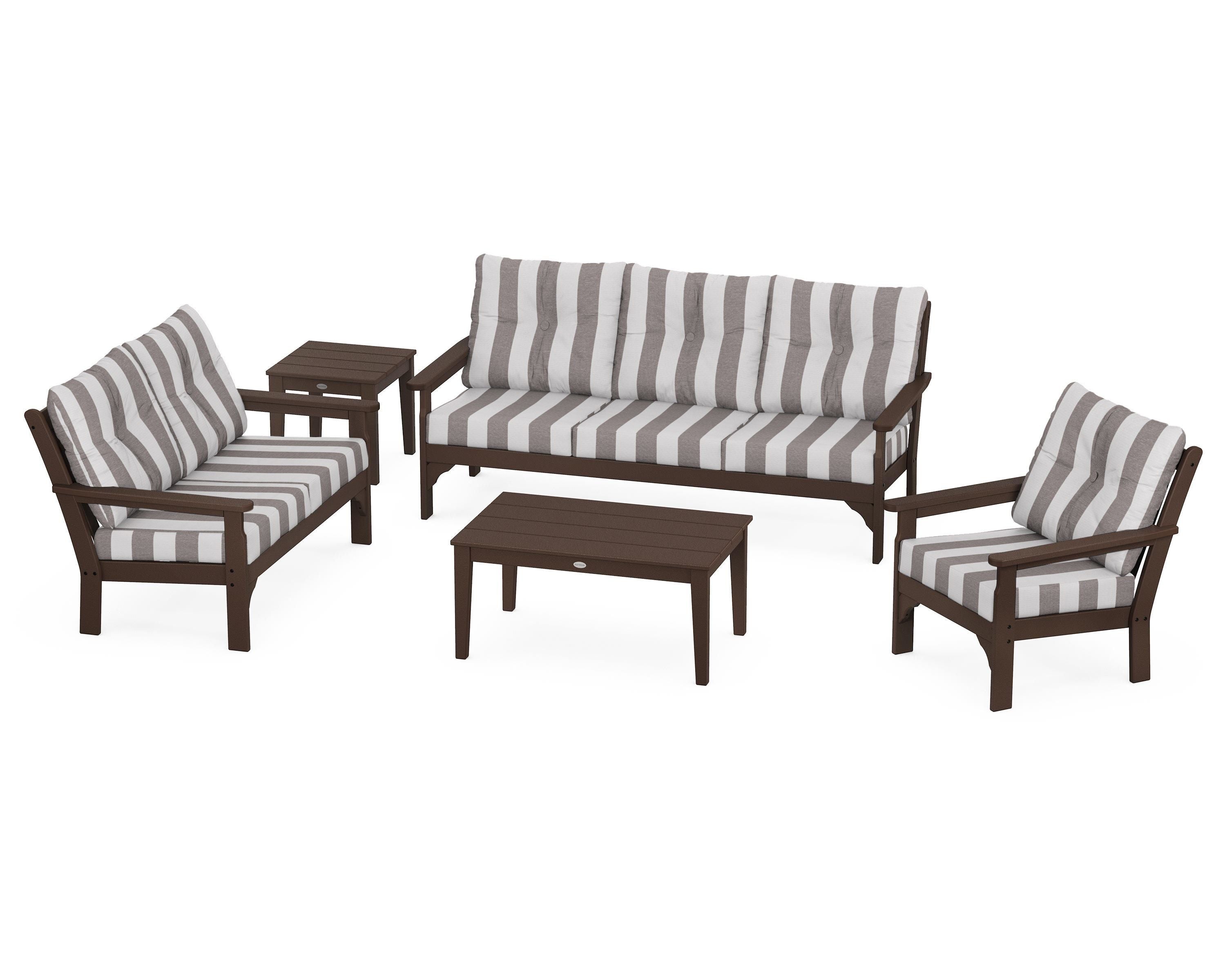 POLYWOOD® Vineyard 5 Piece Deep Seating Set in Mahogany / Cabana Stripe Grey Mist