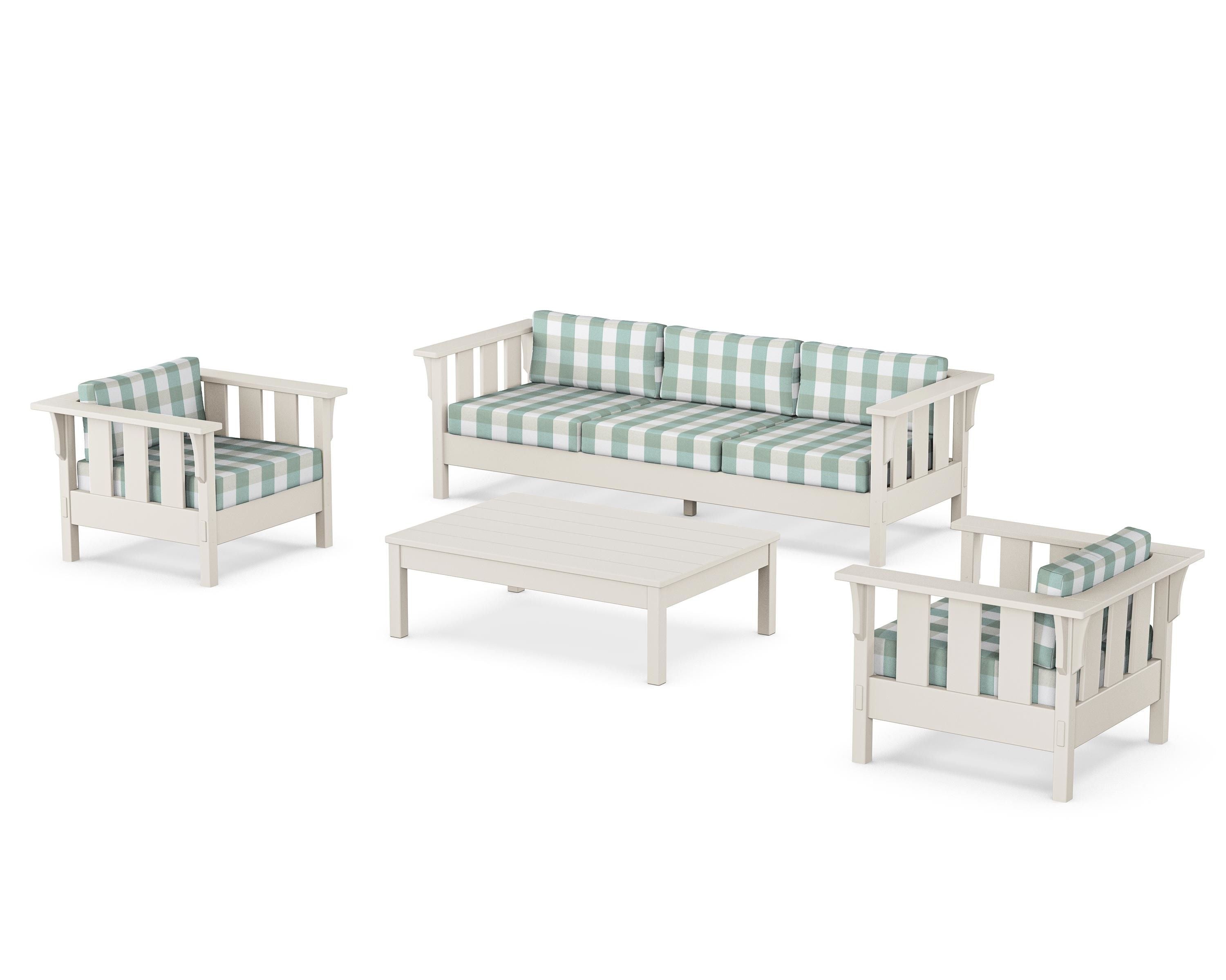 Martha Stewart by POLYWOOD® Acadia 4-Piece Deep Seating Set with Sofa in Sand / Buffalo Plaid Glacier Spa