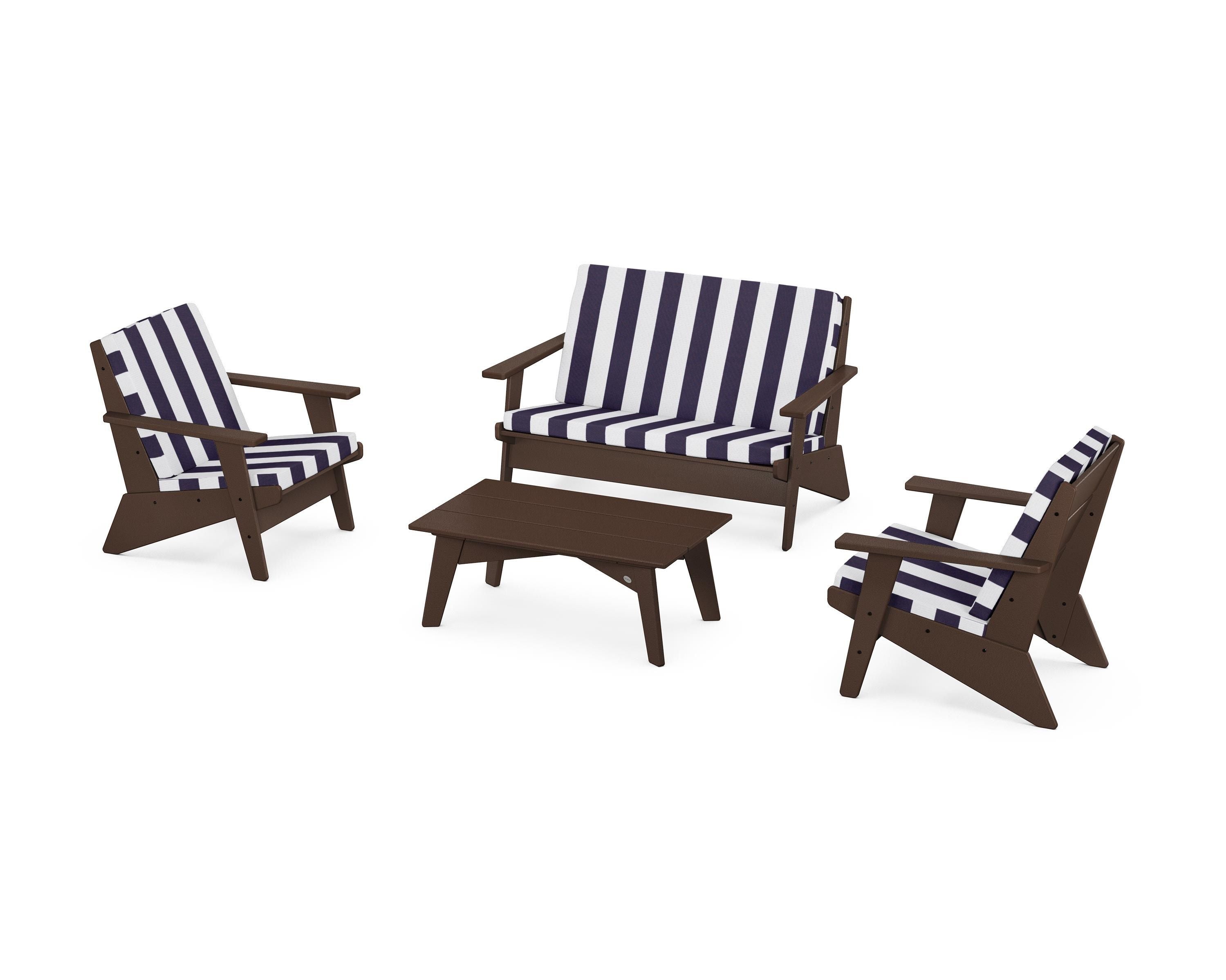 POLYWOOD® Riviera Modern Lounge 4-Piece Set in Mahogany / Cabana Stripe Navy