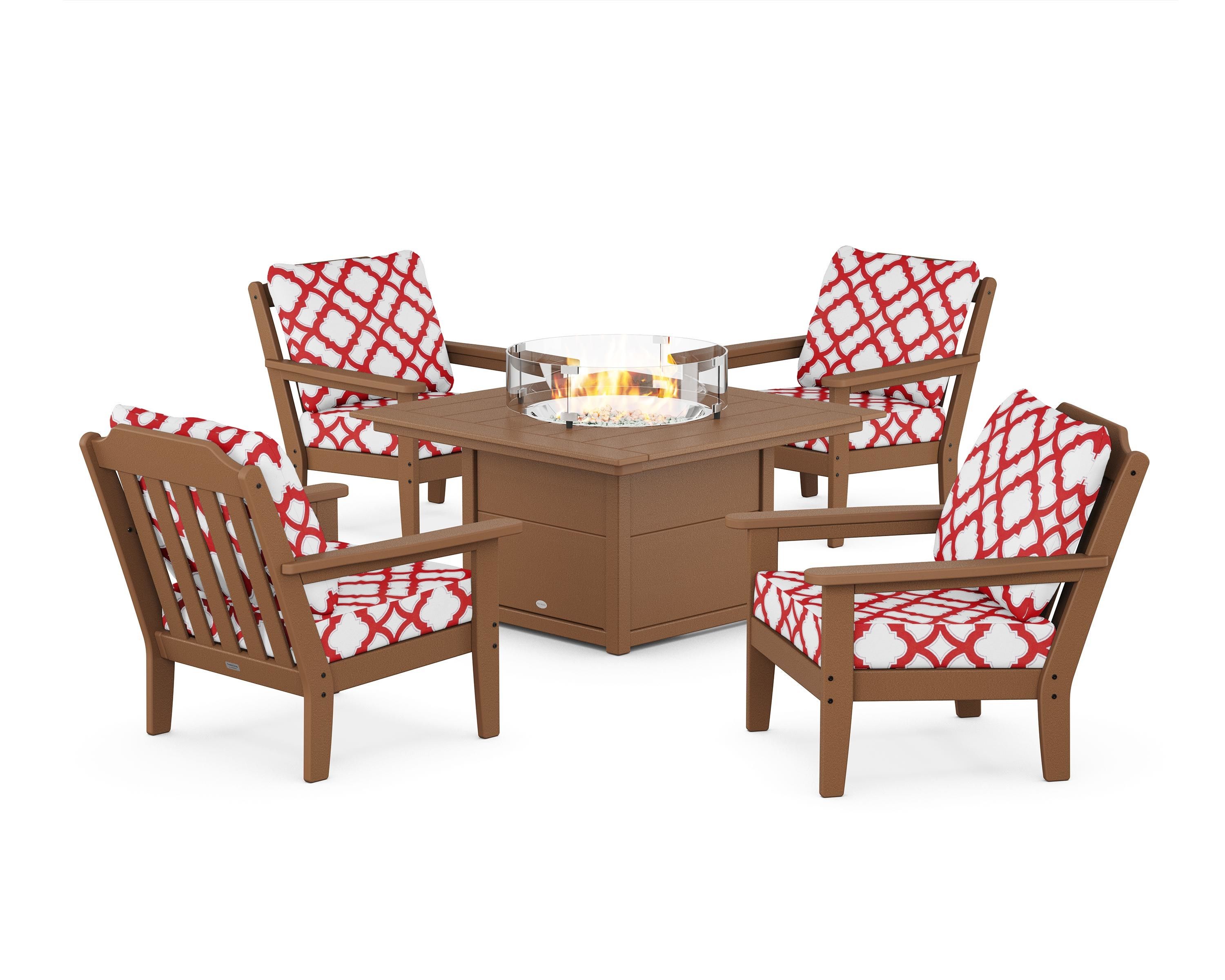 Country Living Cottage 5-Piece Deep Seating Set with Fire Pit Table in Teak / Trellis Crimson