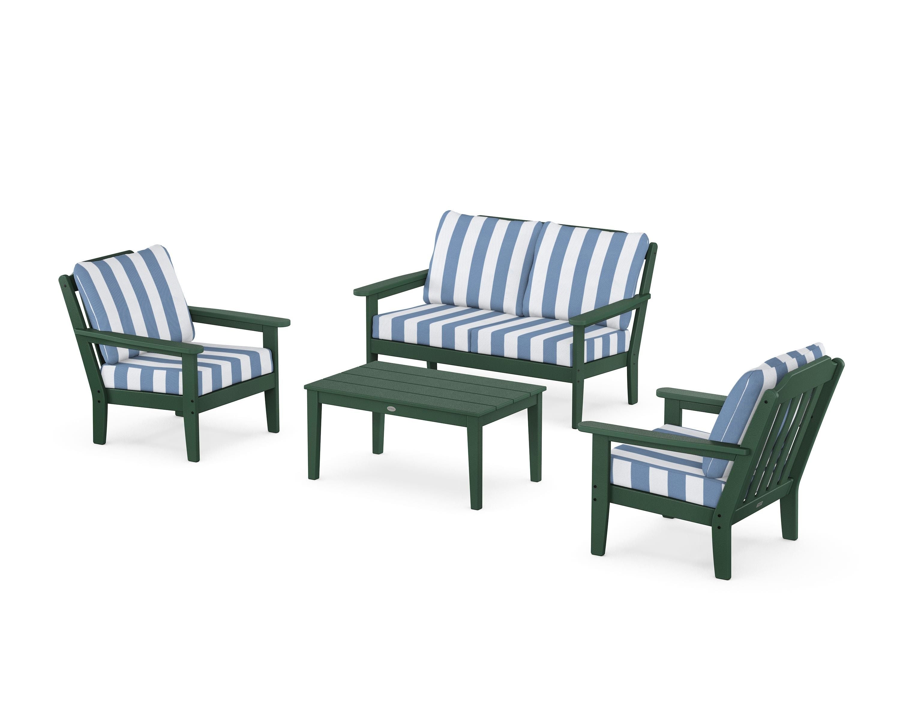 Country Living Cottage 4-Piece Deep Seating Set with Loveseat in Green / Cabana Stripe Sky Blue