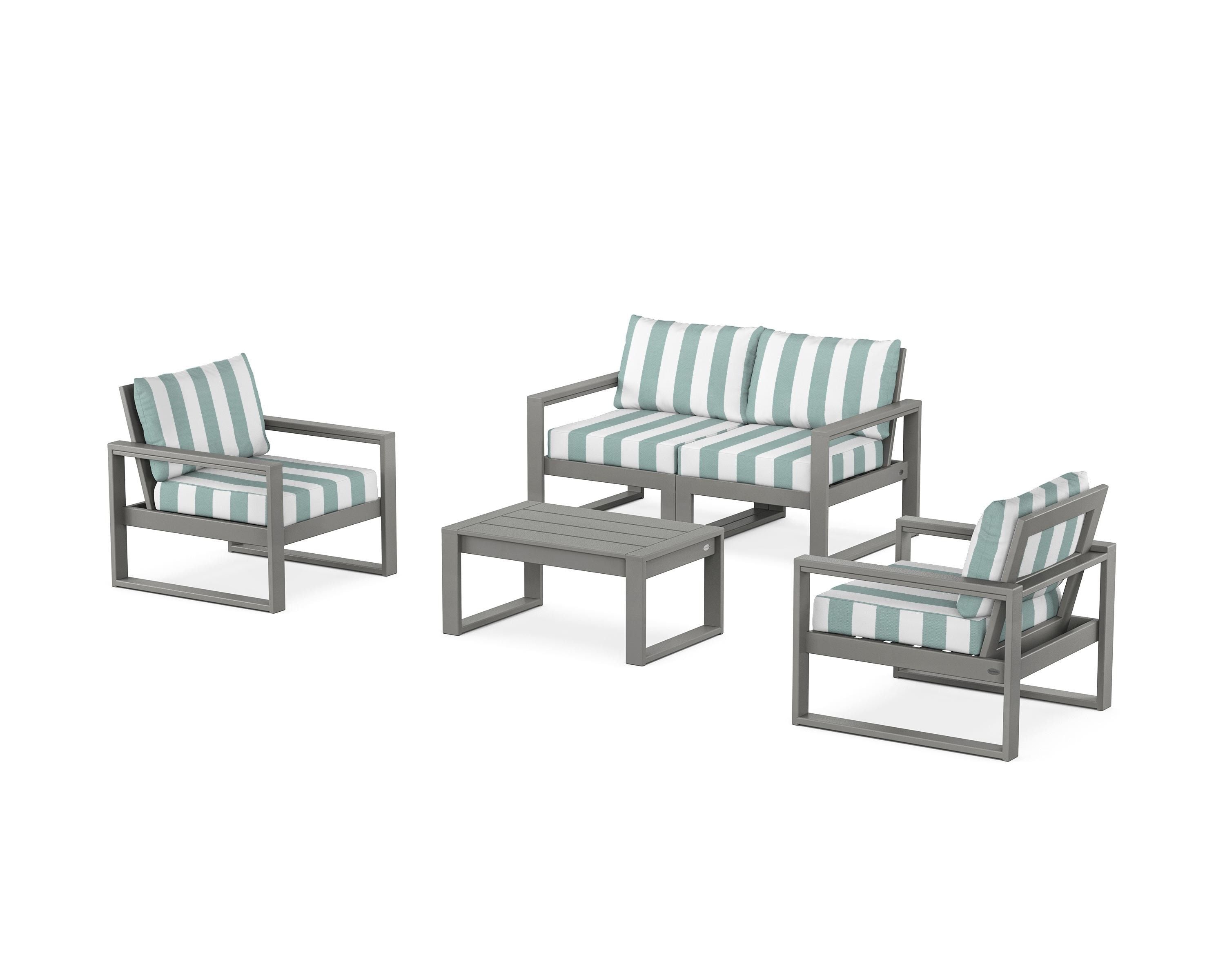 POLYWOOD® EDGE Sectional 4-Piece Deep Seating Set with Loveseat in Slate Grey / Cabana Stripe Glacier Spa