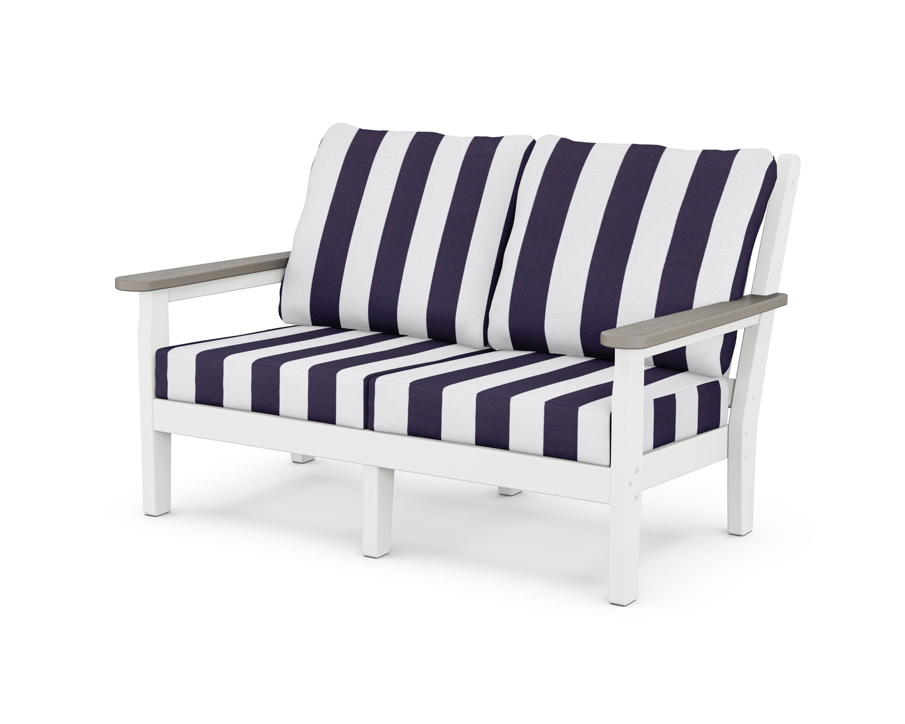 POLYWOOD® Chippendale Deep Seating Loveseat in White / Driftwood / Cabana Stripe Navy