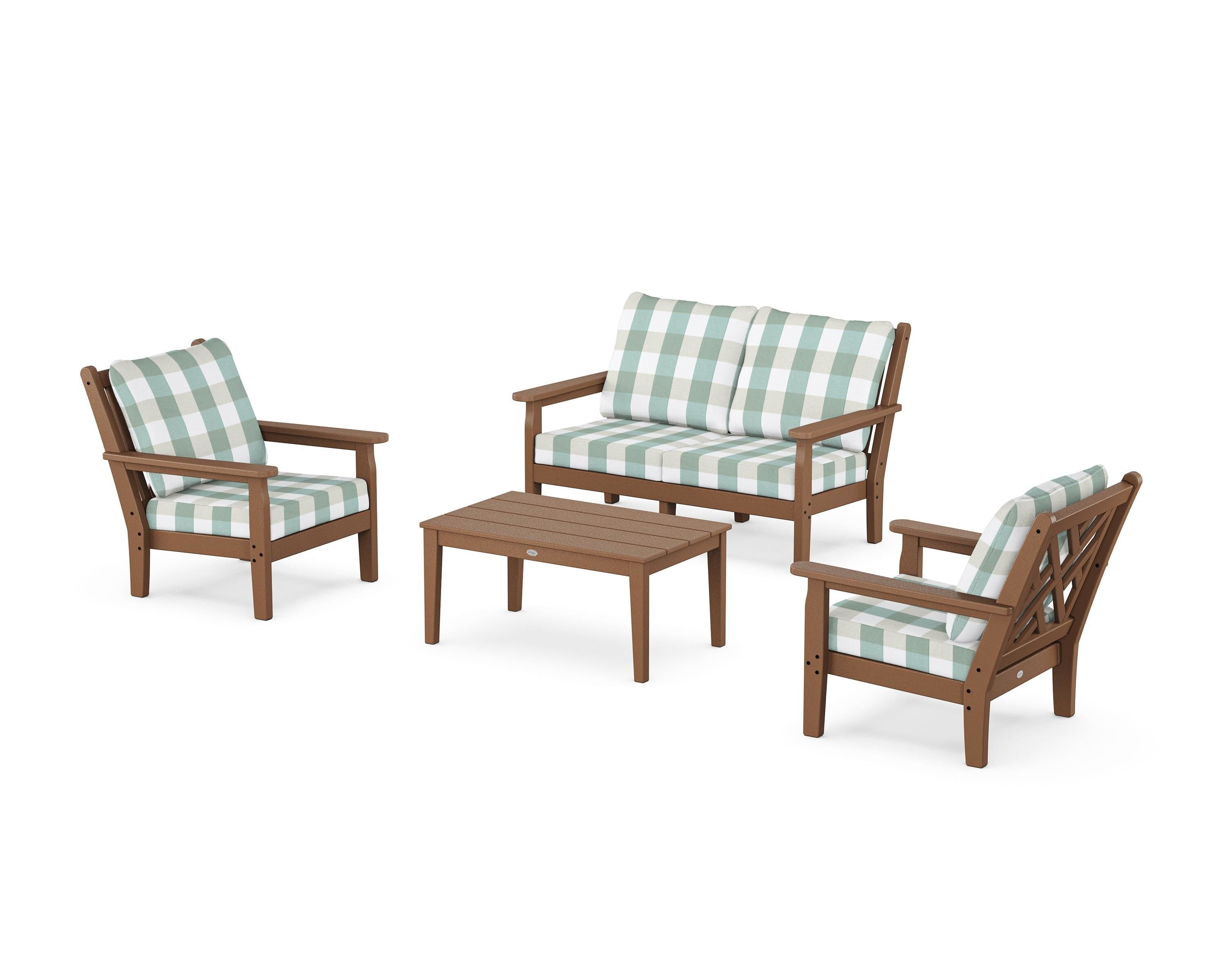 POLYWOOD® Chippendale 4-Piece Deep Seating Set with Loveseat in Teak / Buffalo Plaid Glacier Spa