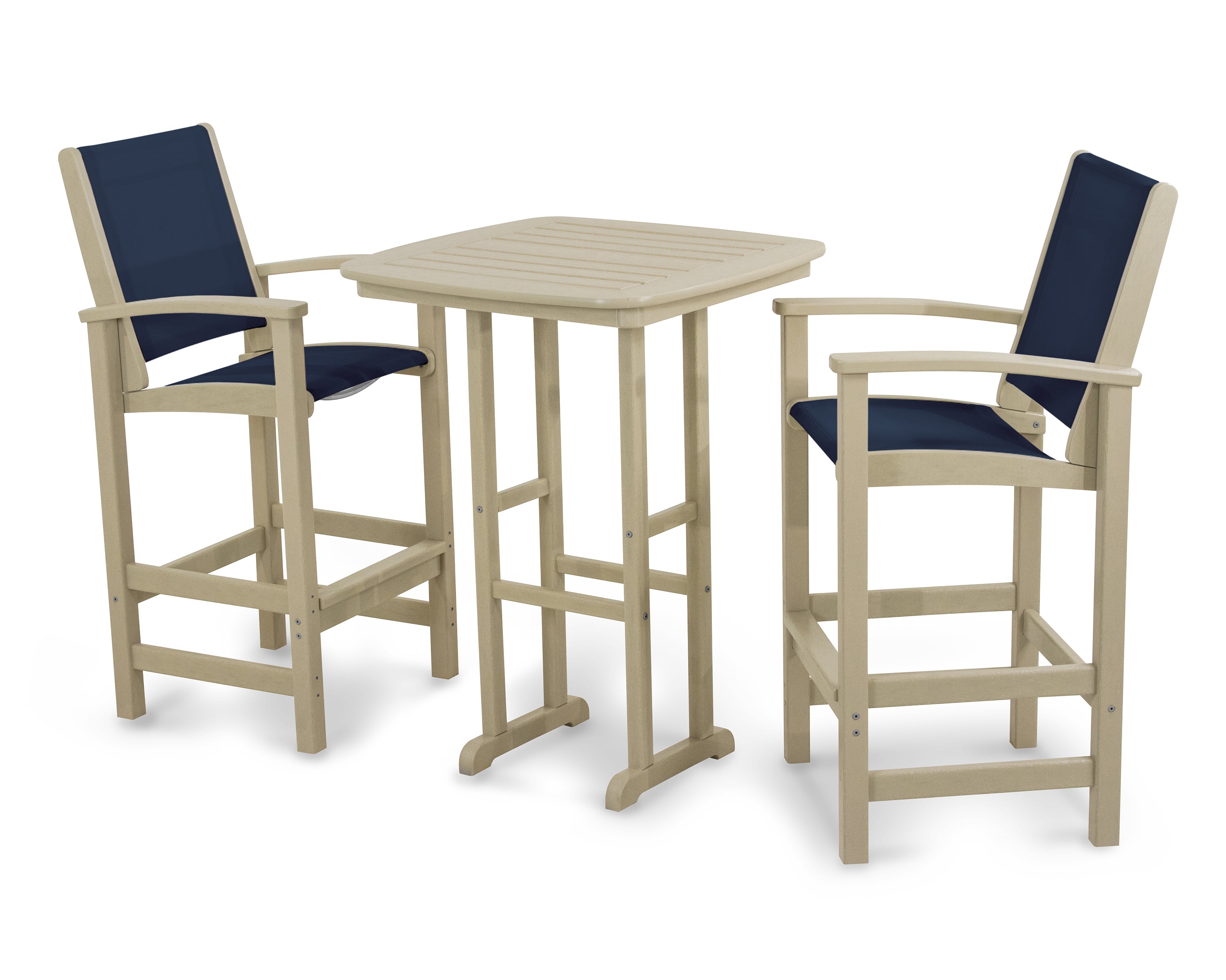 POLYWOOD® Coastal 3-Piece Bar Set in Sand / Navy Blue Sling