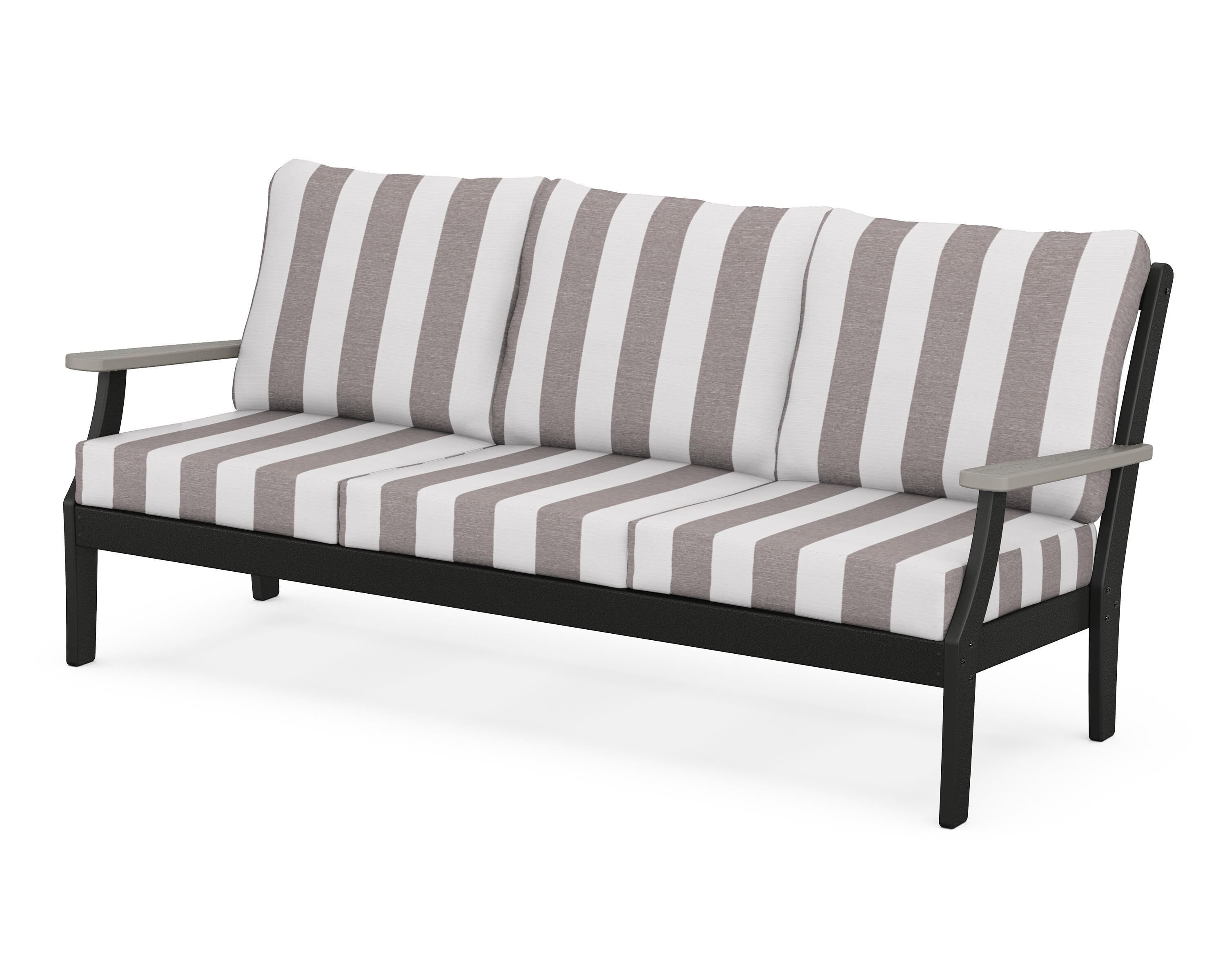POLYWOOD® Braxton Deep Seating Sofa in Black / Driftwood / Cabana Stripe Grey Mist