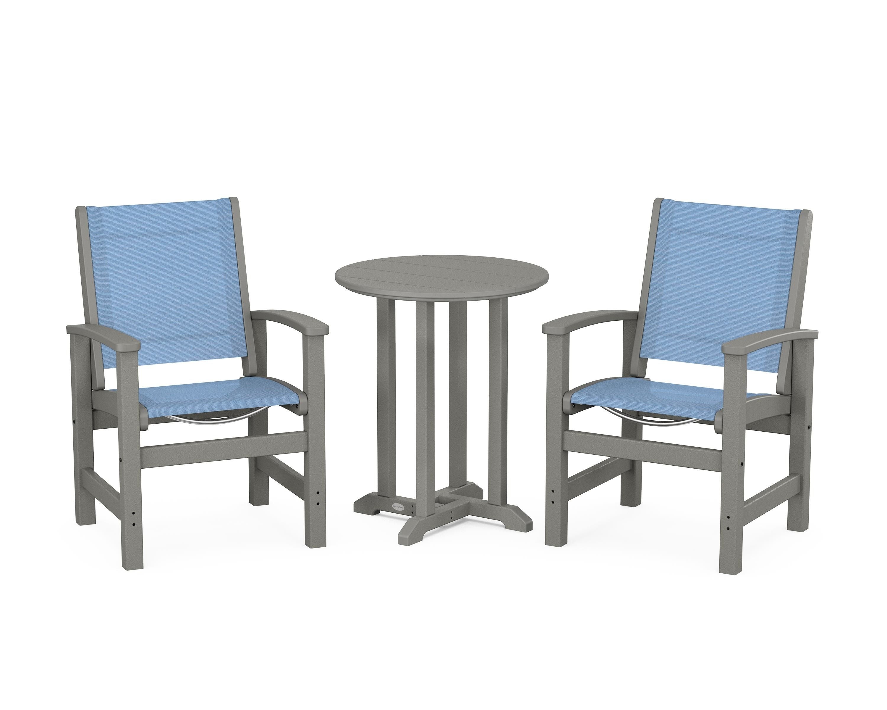 POLYWOOD® Coastal 3-Piece Round Bistro Dining Set in Slate Grey / Poolside Sling